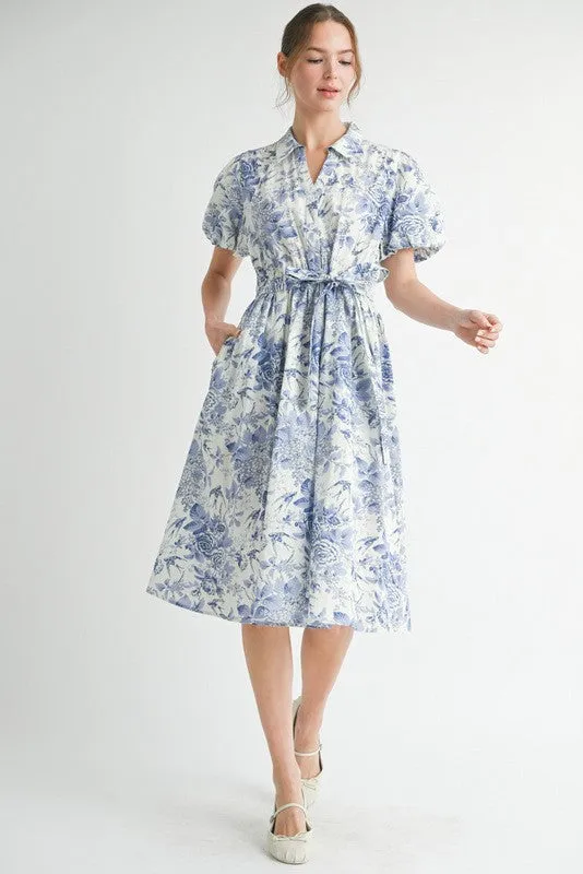 Blue Floral Print Belted Midi Dress sold by Pinkblush
