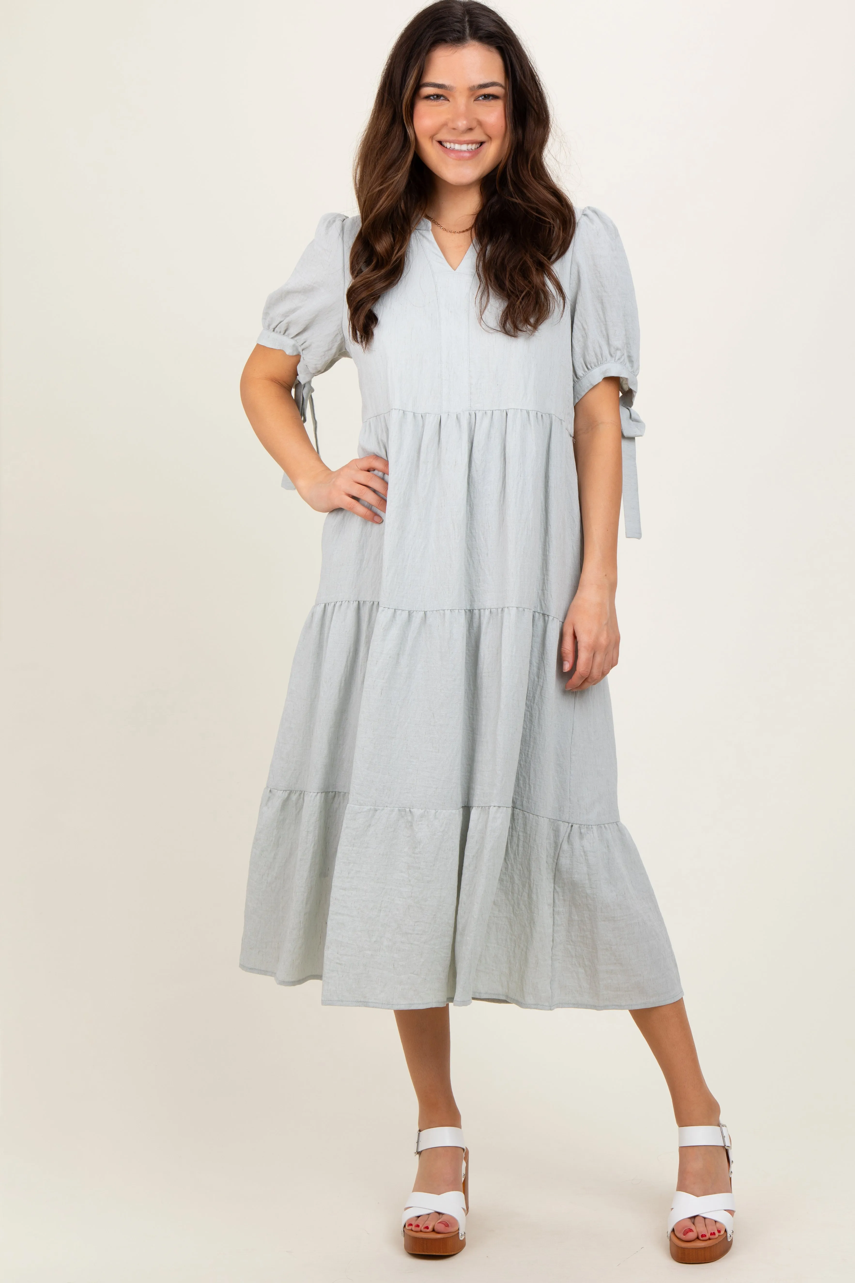 Light Blue Split V-Neck Sleeve Tie Tiered Maternity Midi Dress sold by Pinkblush product image thumbnail 4