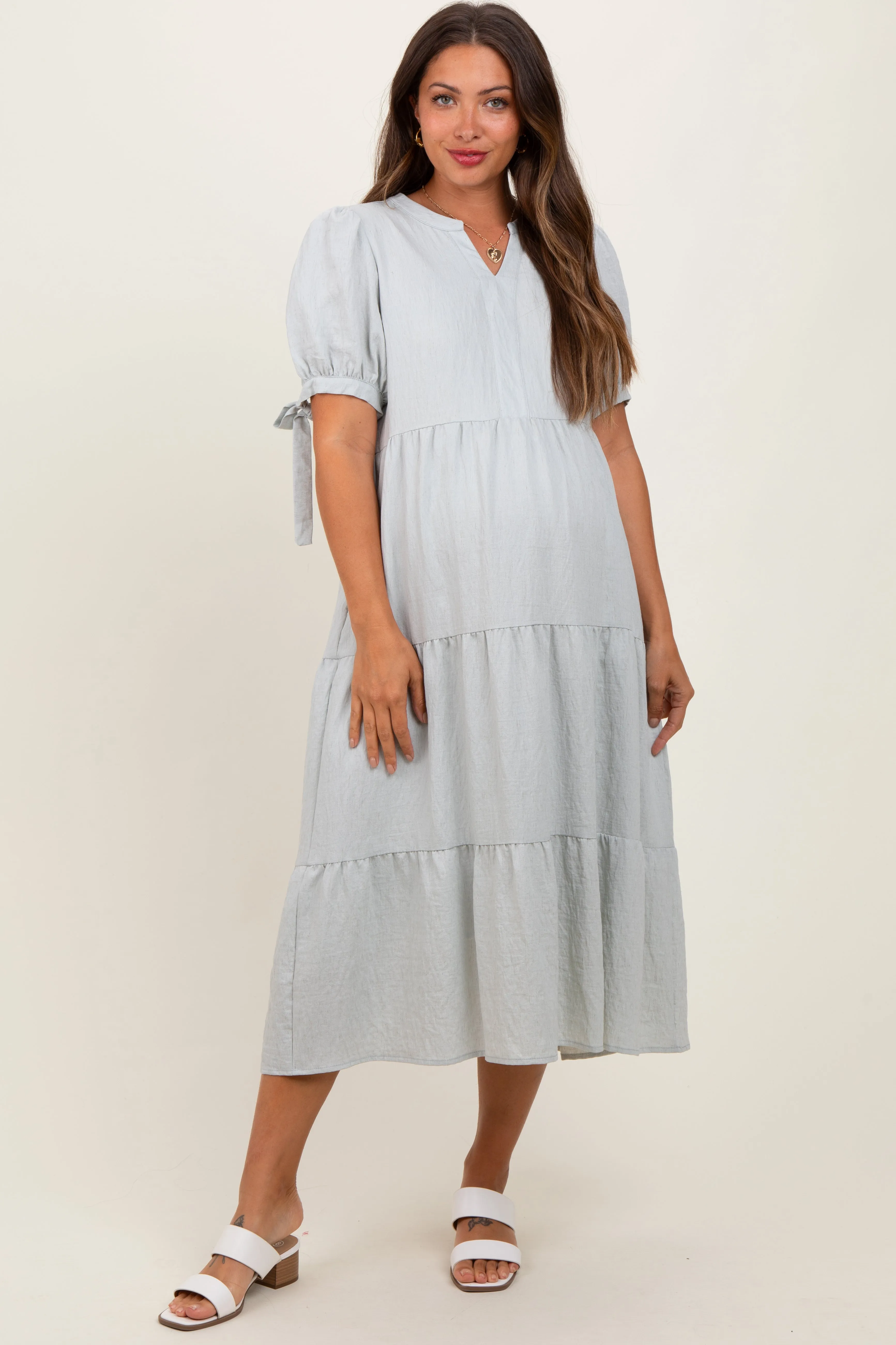 Light Blue Split V-Neck Sleeve Tie Tiered Maternity Midi Dress sold by Pinkblush