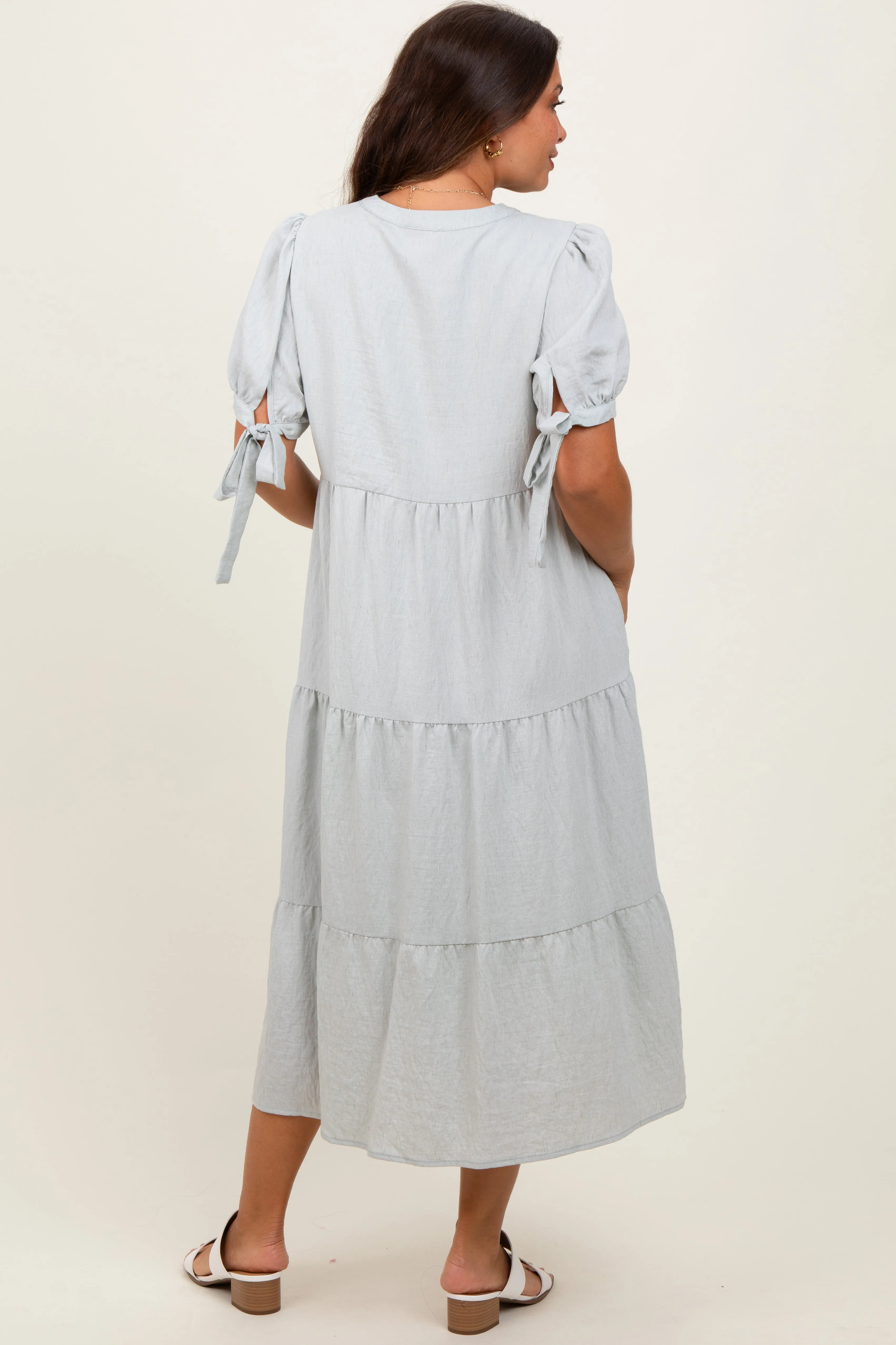 Light Blue Split V-Neck Sleeve Tie Tiered Maternity Midi Dress sold by Pinkblush product image thumbnail 3