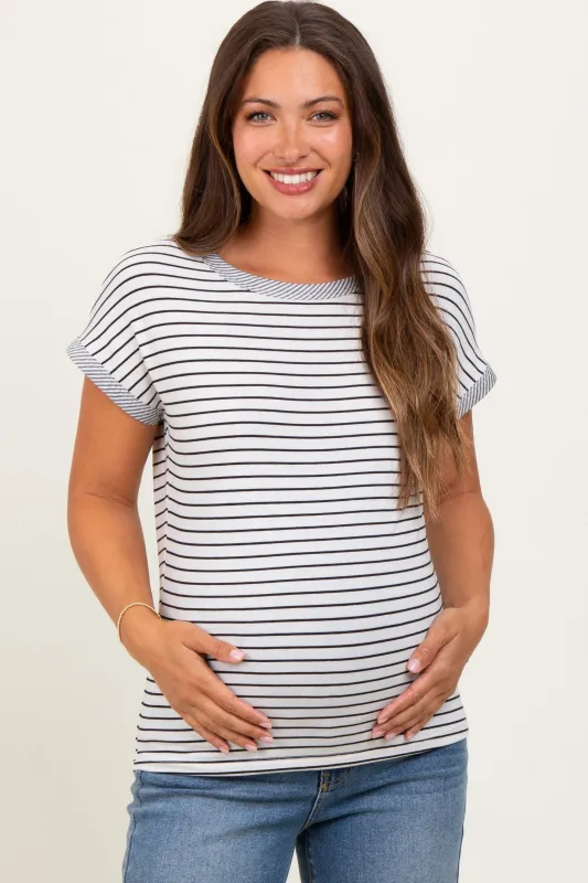 Black Pinstripe Soft Terry Short Sleeve Maternity Top sold by Pinkblush