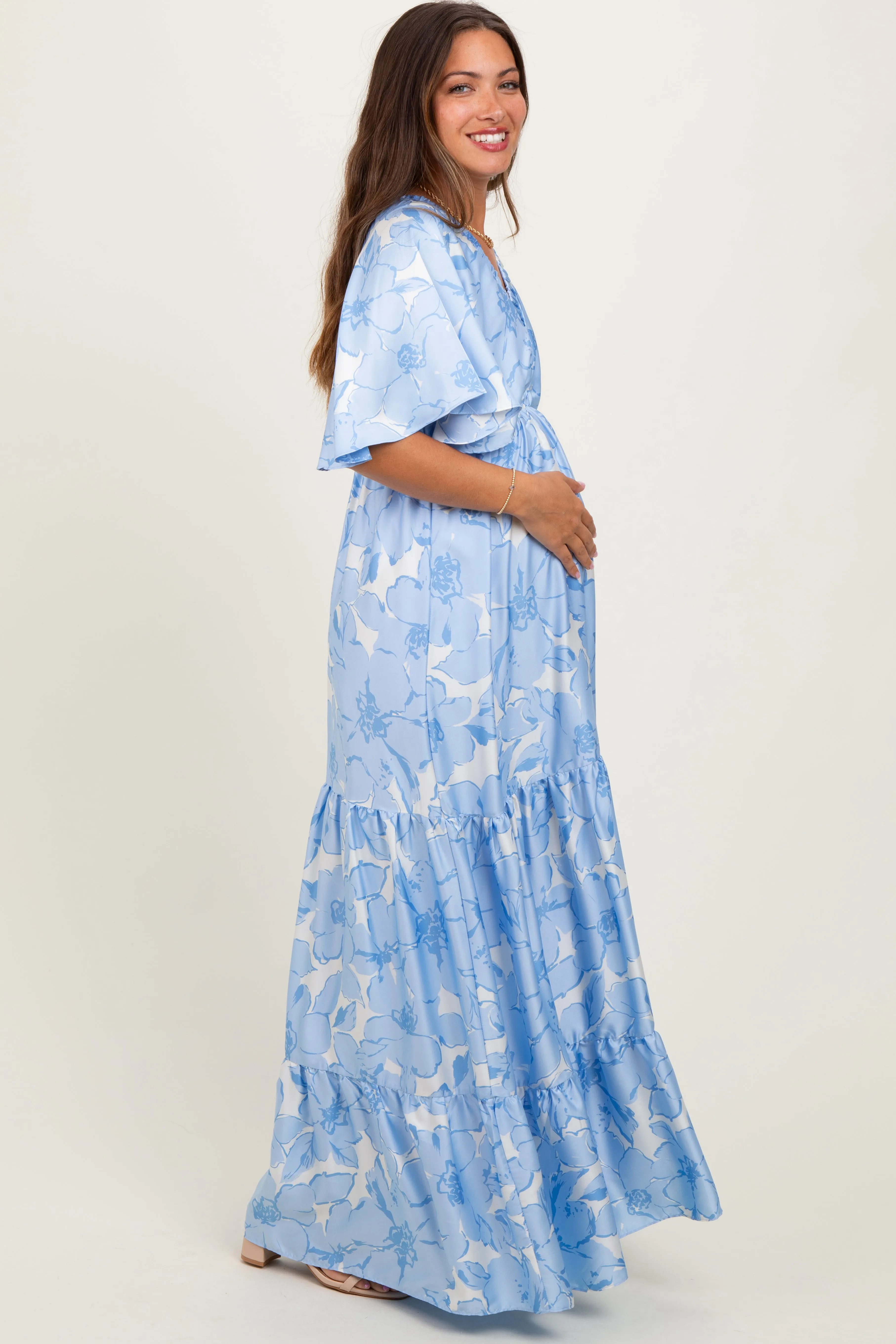 Light Blue Floral Short Sleeve Deep V-Neck Tiered Maternity Maxi Dress sold by Pinkblush product image thumbnail 3