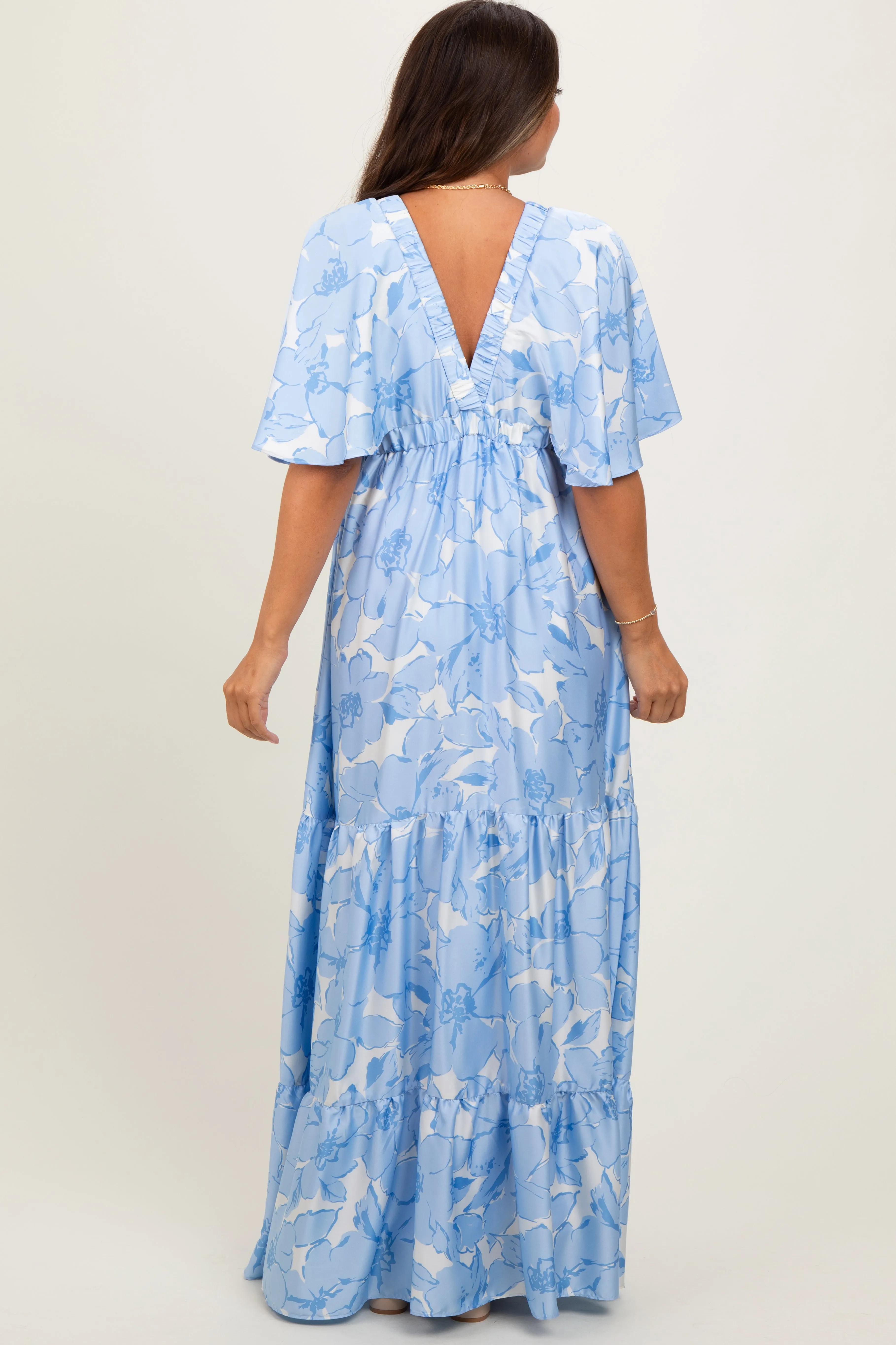 Light Blue Floral Short Sleeve Deep V-Neck Tiered Maternity Maxi Dress sold by Pinkblush product image thumbnail 4