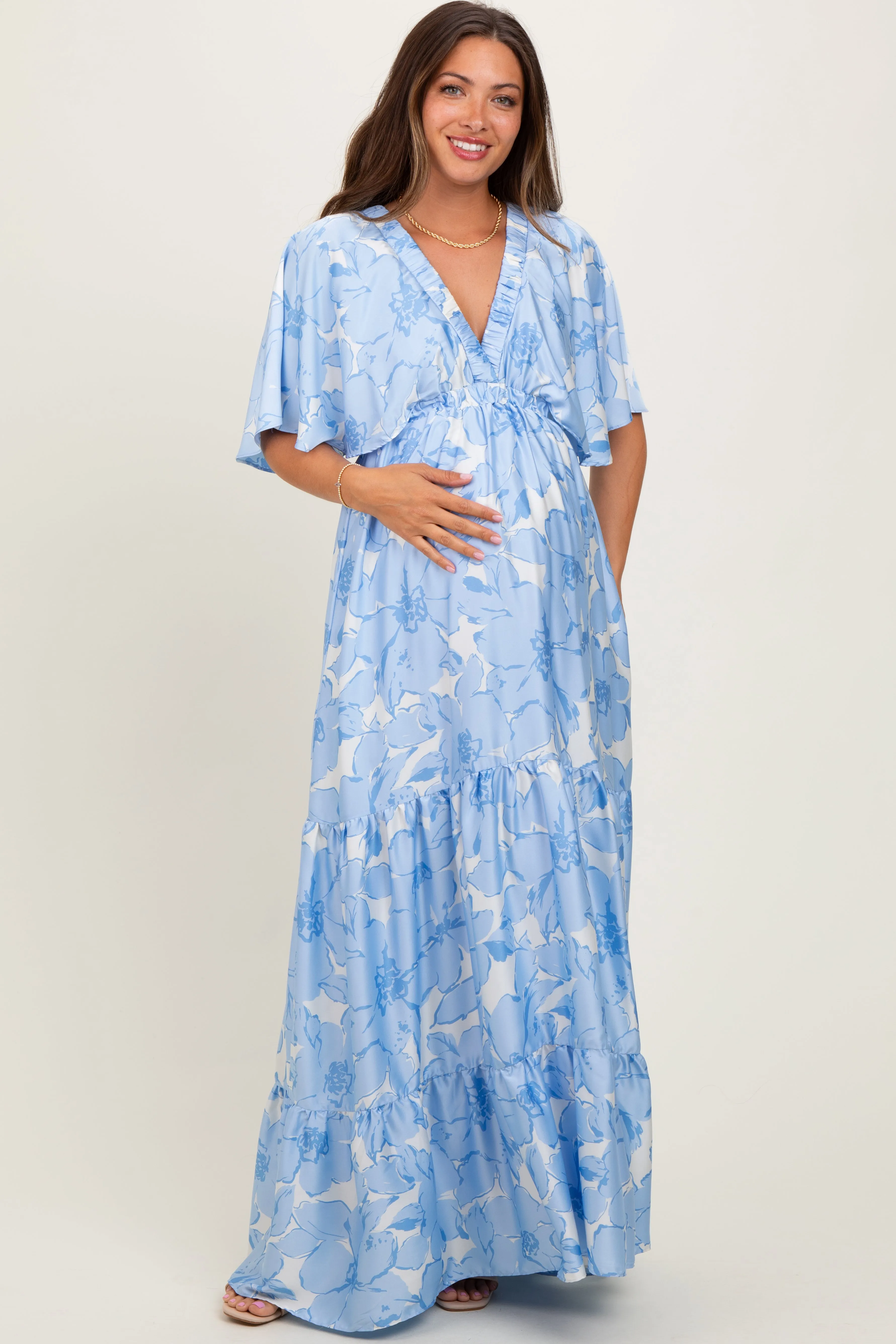 Light Blue Floral Short Sleeve Deep V-Neck Tiered Maternity Maxi Dress sold by Pinkblush
