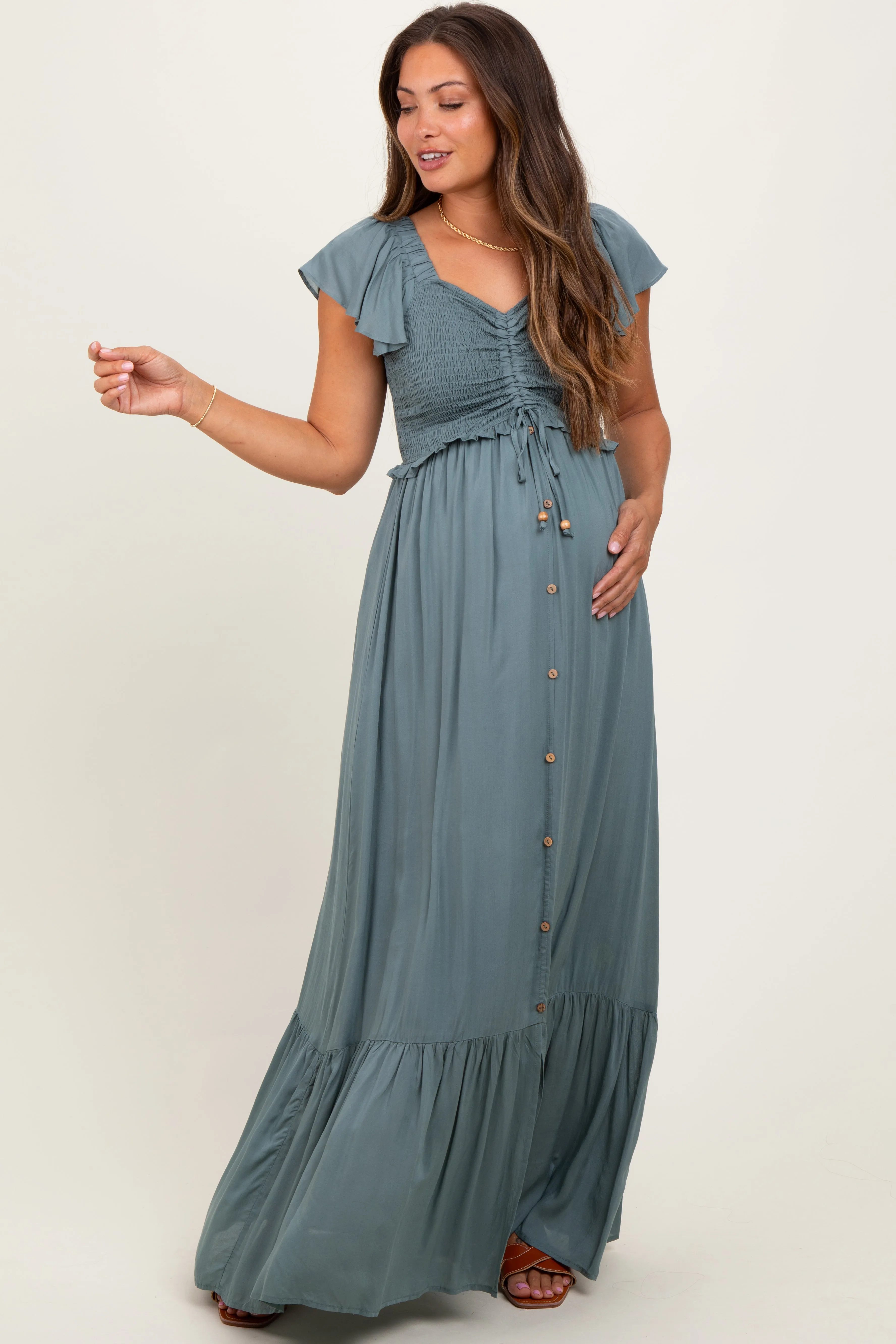 Sage Smocked Top Woven Maternity Maxi Dress sold by Pinkblush product image thumbnail 2