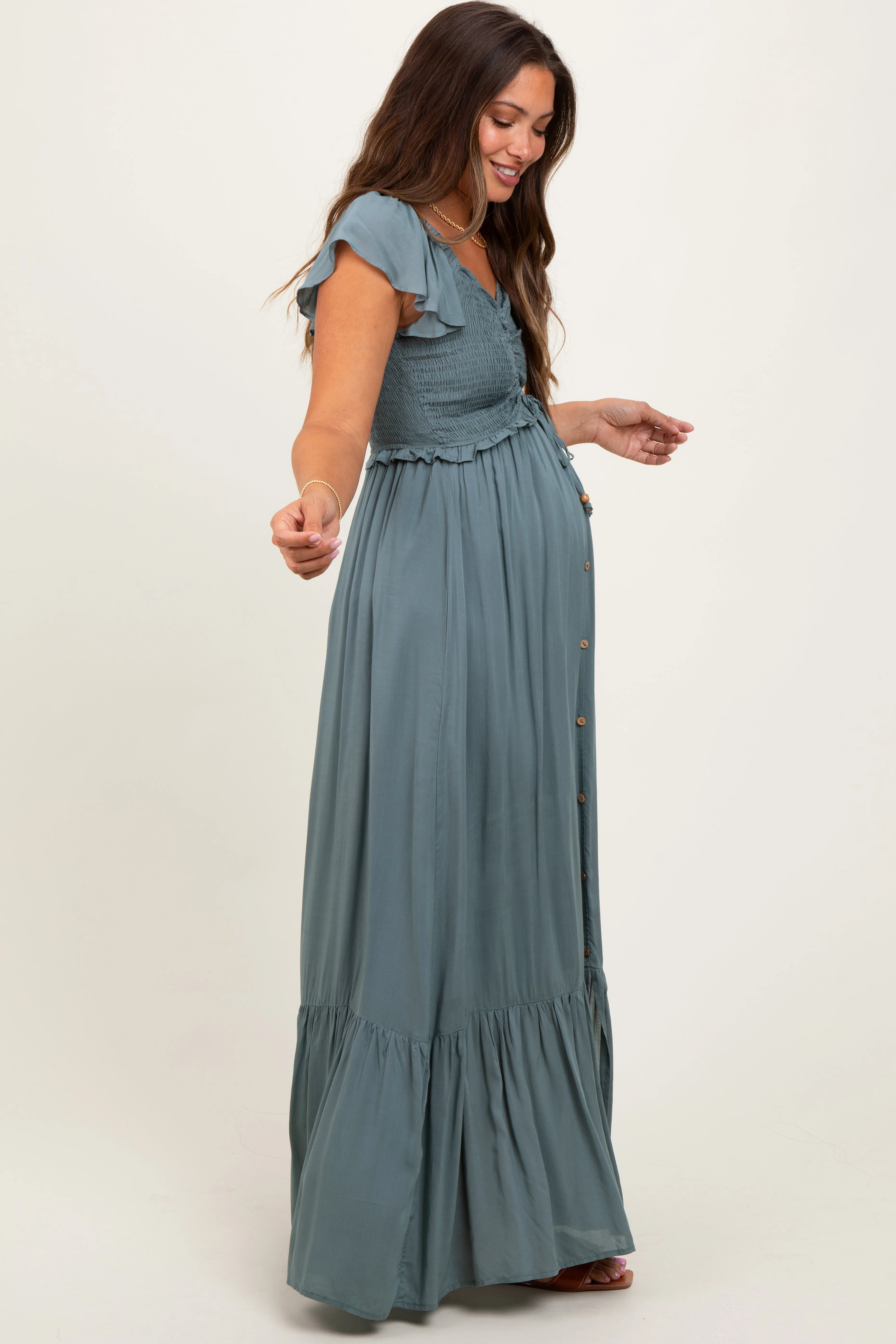 Sage Smocked Top Woven Maternity Maxi Dress sold by Pinkblush product image thumbnail 3