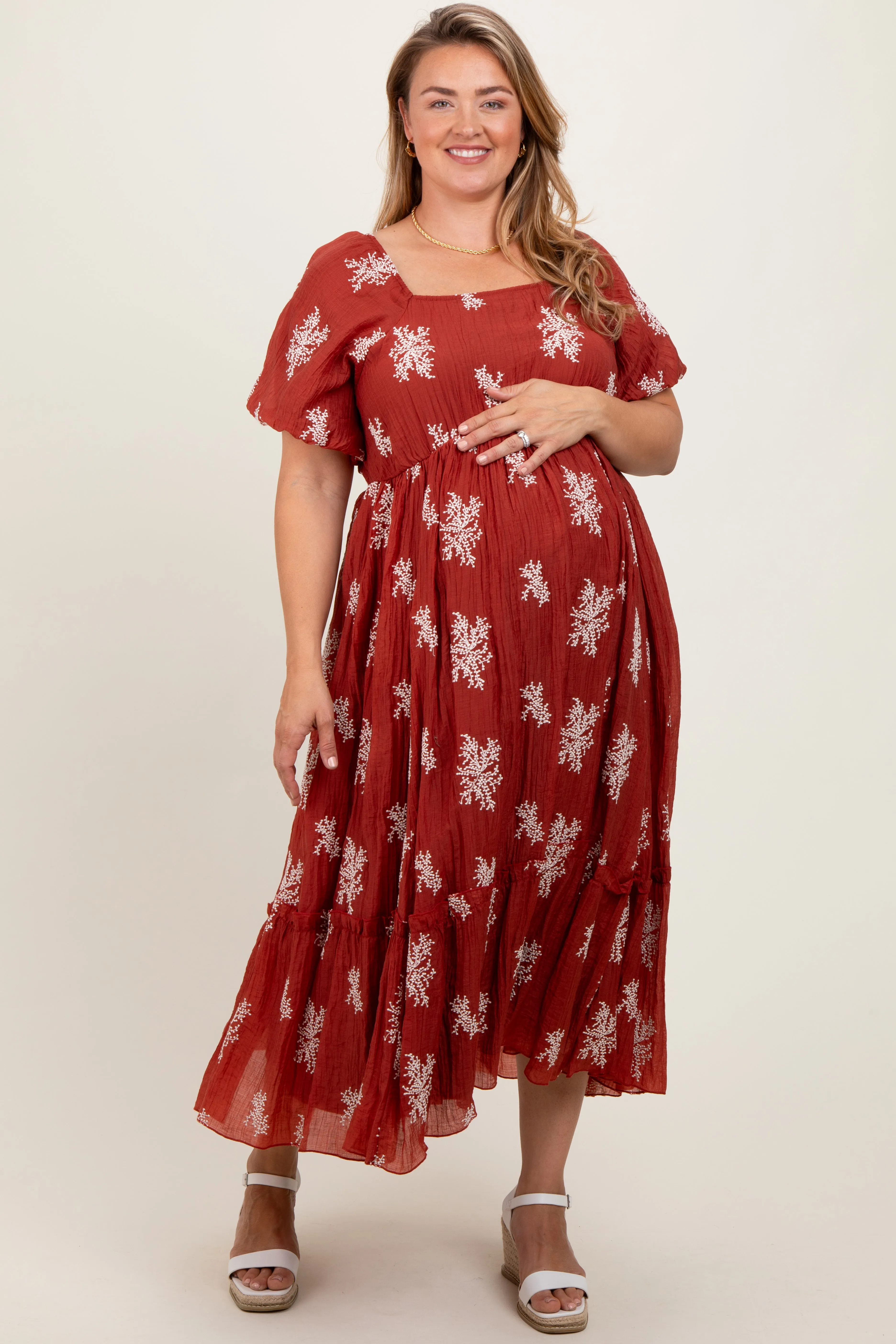 Rust Floral Print Ruffle Hem Maternity Plus Midi Dress sold by Pinkblush
