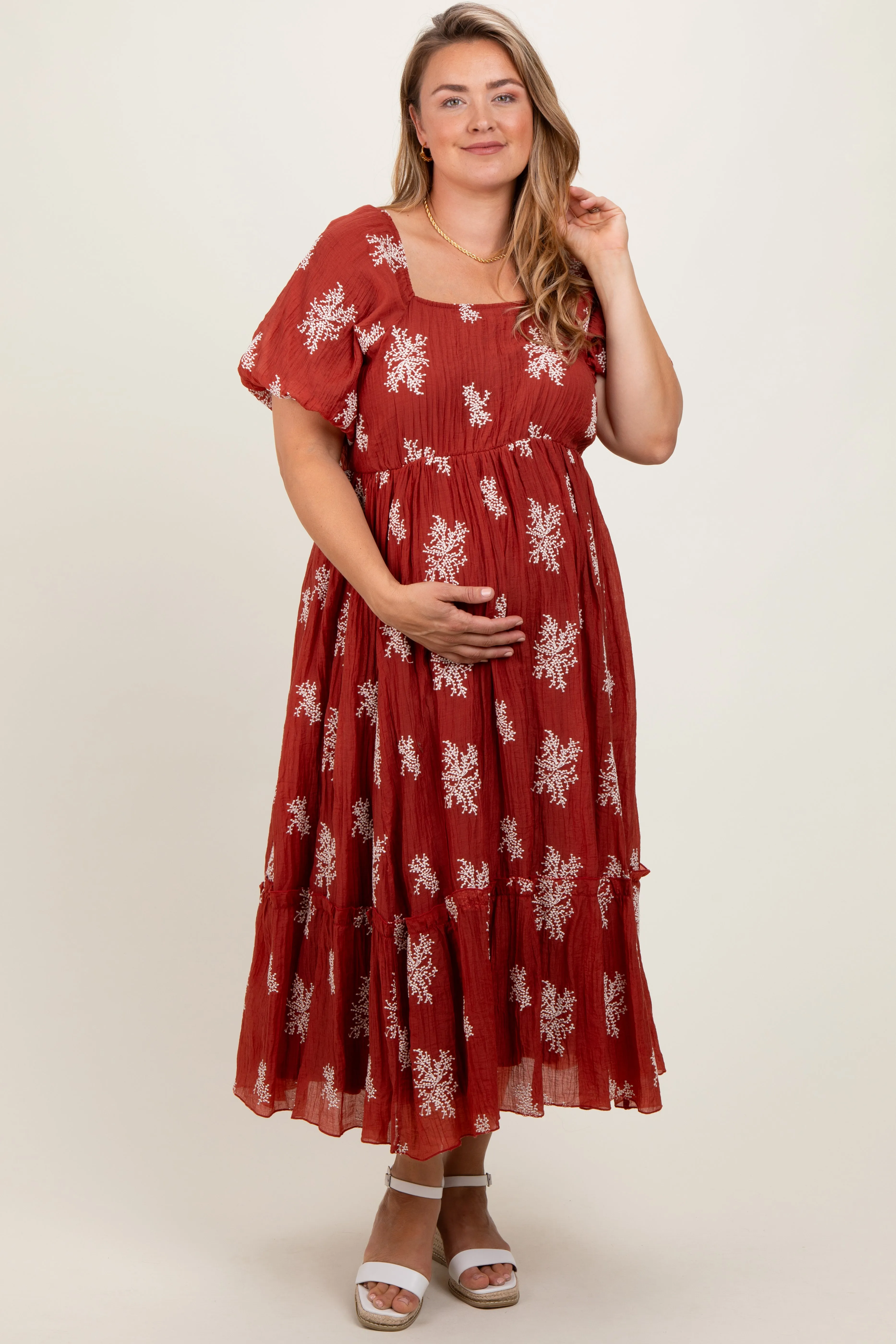 Rust Floral Print Ruffle Hem Maternity Plus Midi Dress sold by Pinkblush product image thumbnail 2