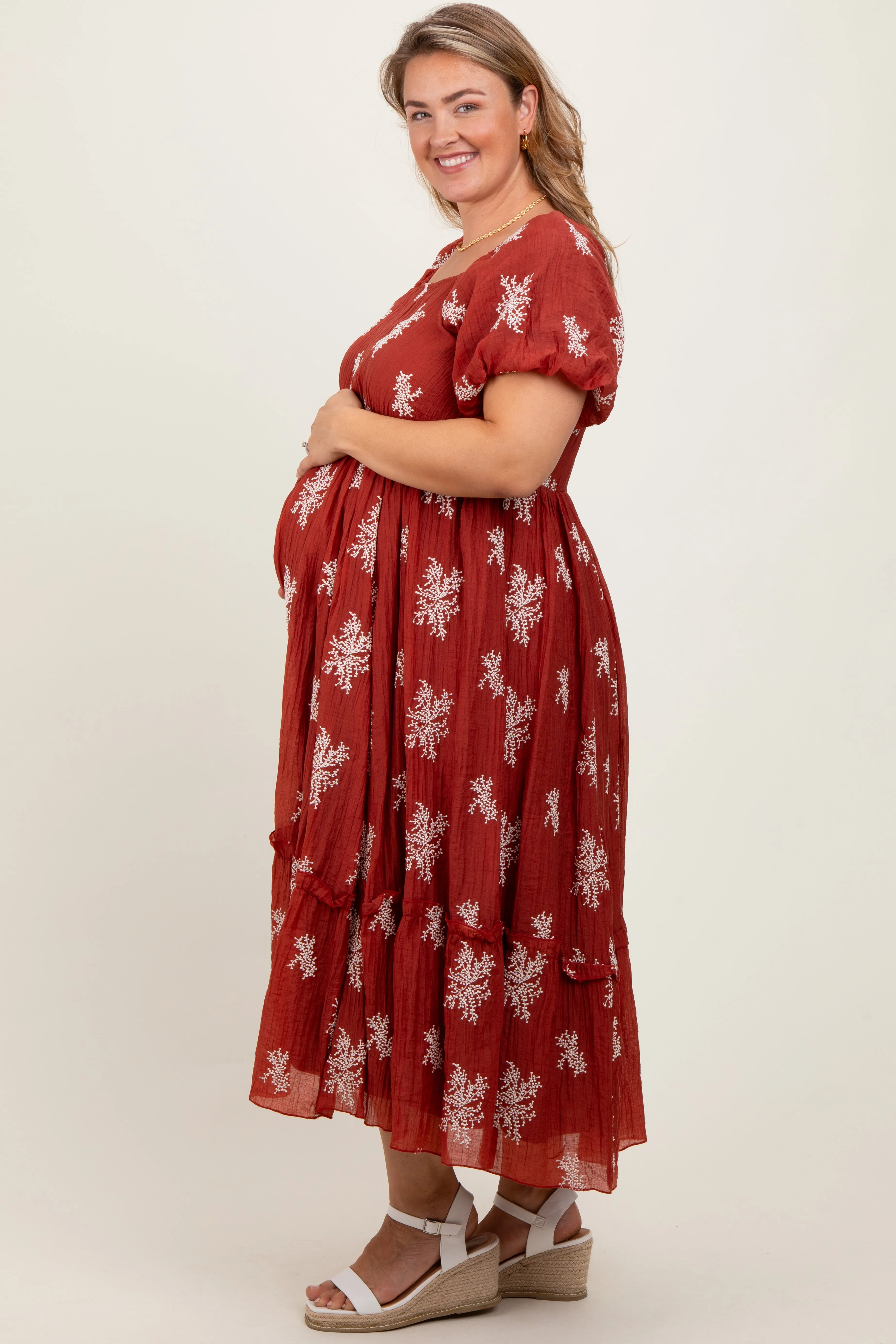 Rust Floral Print Ruffle Hem Maternity Plus Midi Dress sold by Pinkblush product image thumbnail 3