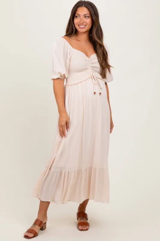 Taupe Smocked Cinched Front Maternity Maxi Dress sold by Pinkblush