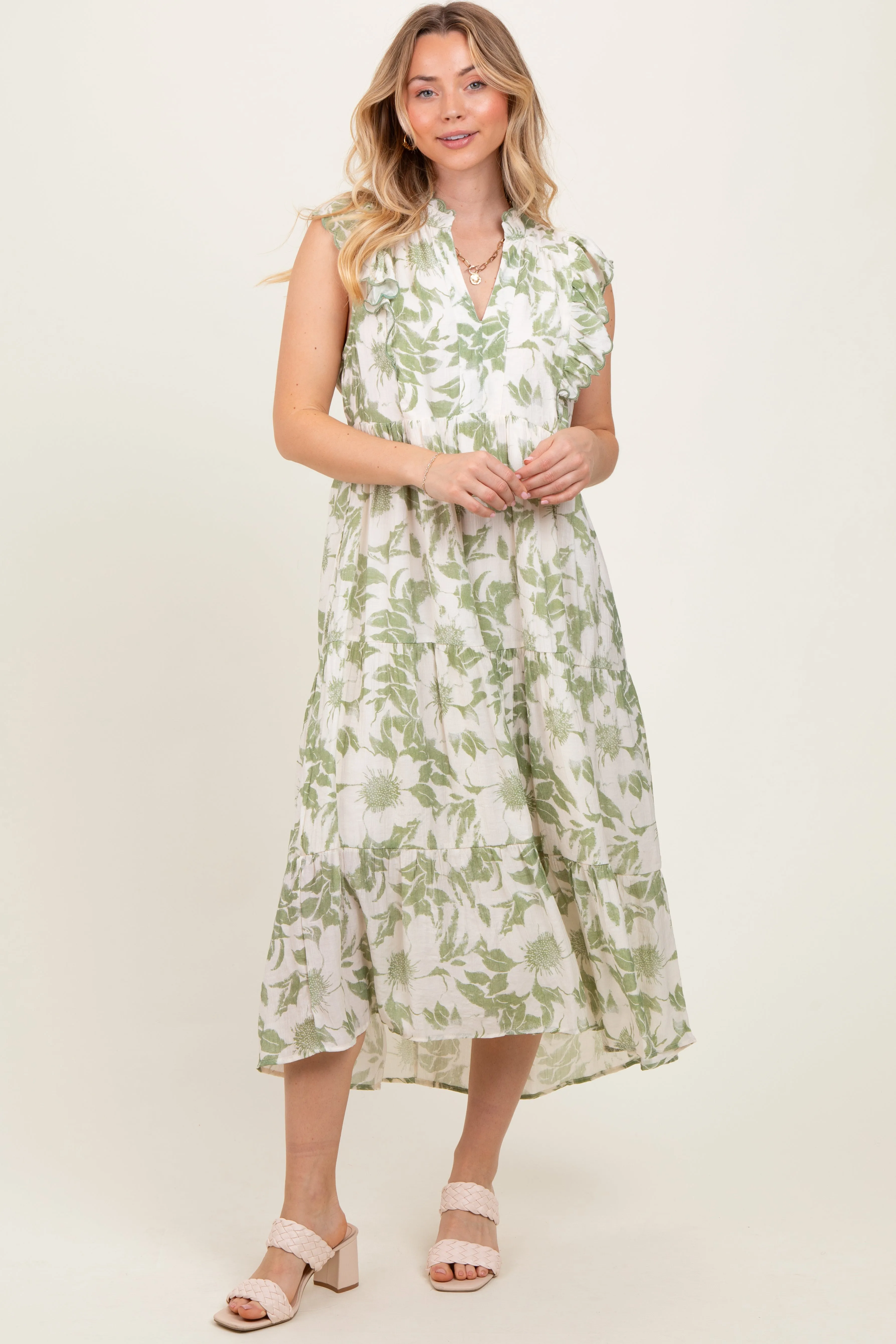 Light Olive Floral Scallop Hem Tiered Midi Dress sold by Pinkblush product image thumbnail 2