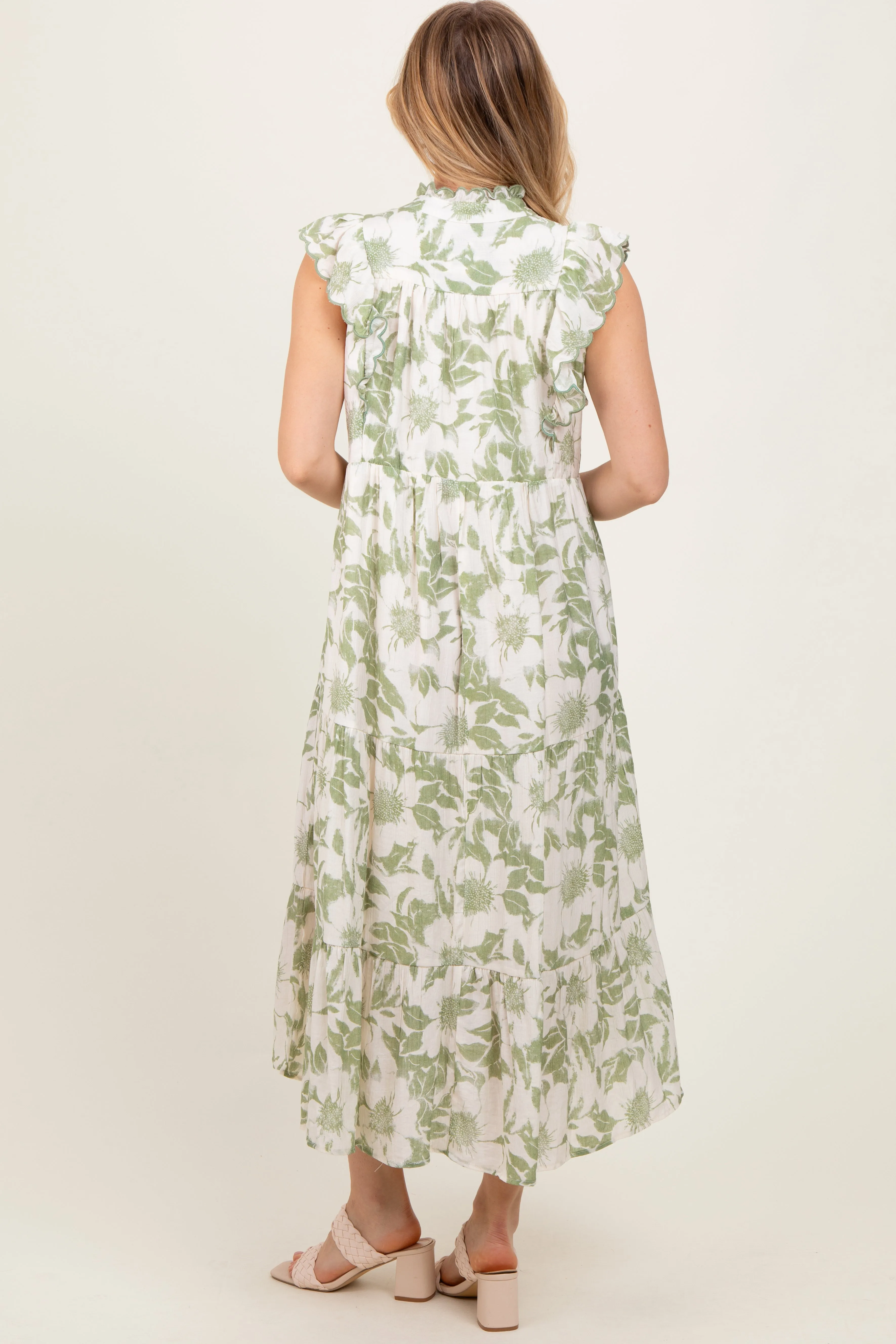 Light Olive Floral Scallop Hem Tiered Midi Dress sold by Pinkblush product image thumbnail 3