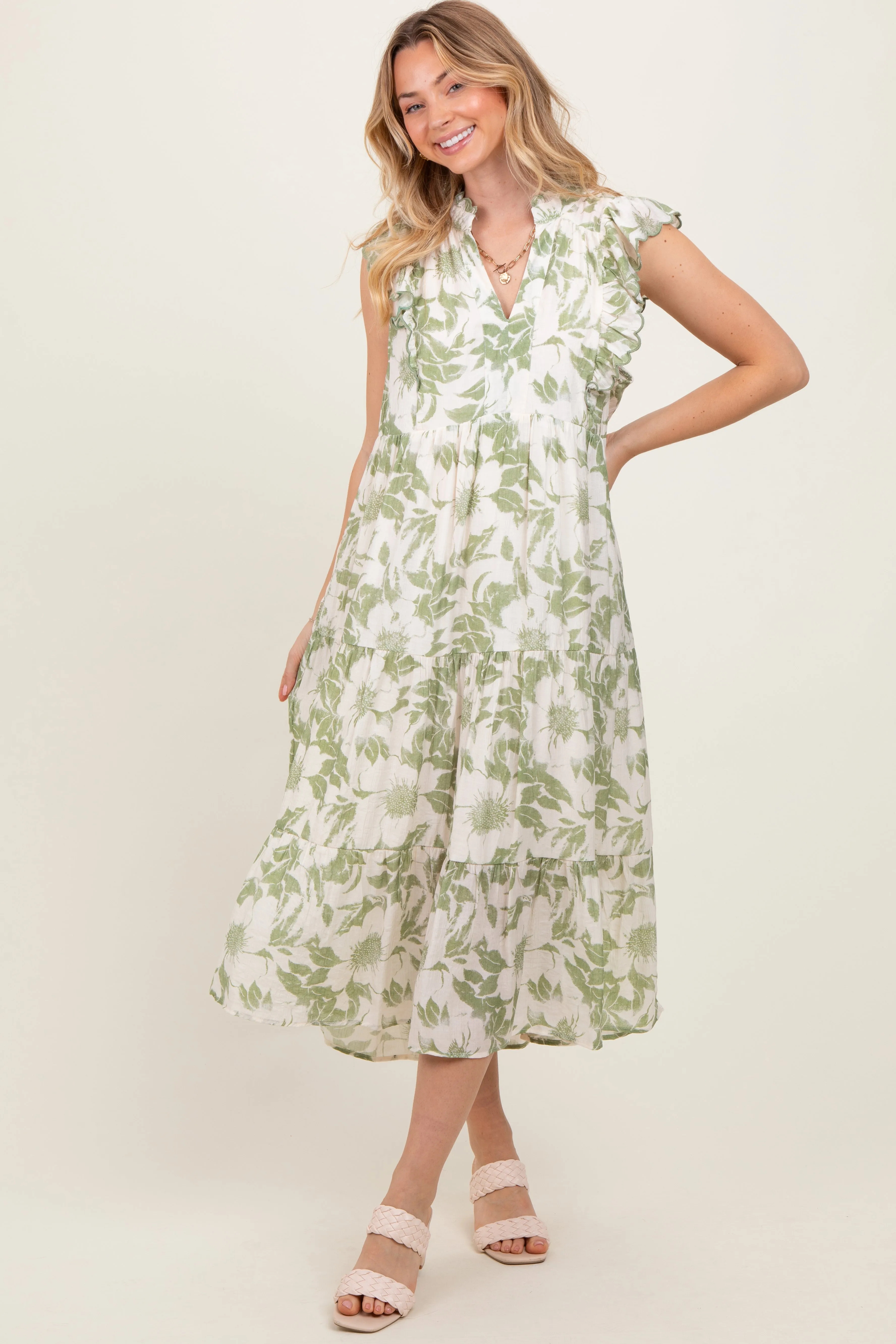 Light Olive Floral Scallop Hem Tiered Midi Dress sold by Pinkblush
