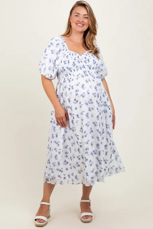 Blue Floral Smocked Bodice Maternity Plus Midi Dress sold by Pinkblush