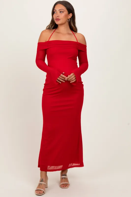 Red Halter Off Shoulder Mesh Maternity Maxi Dress sold by Pinkblush