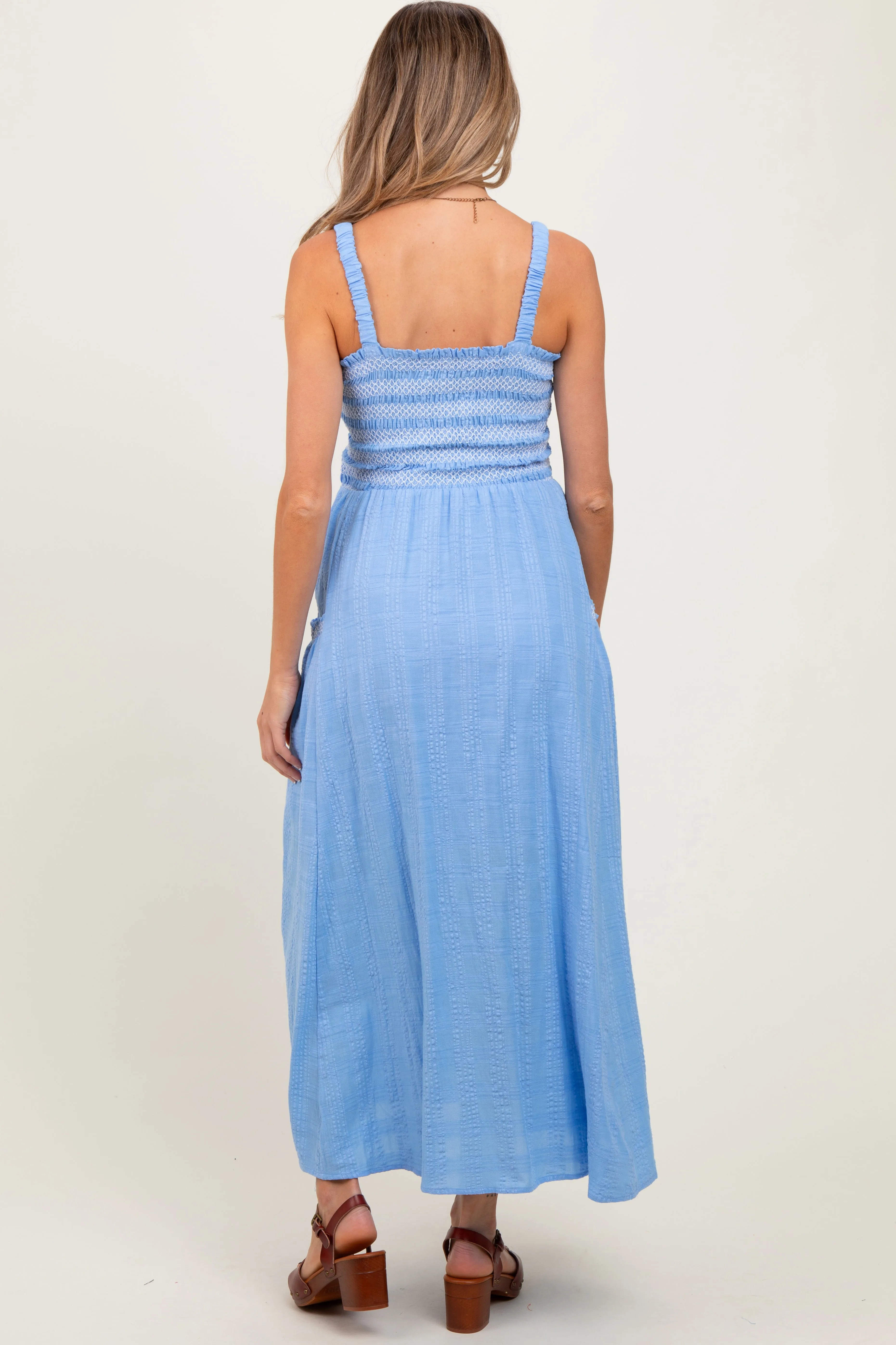 Blue Smocked Embroidered Bust Textured Maternity Midi Dress sold by Pinkblush product image thumbnail 3