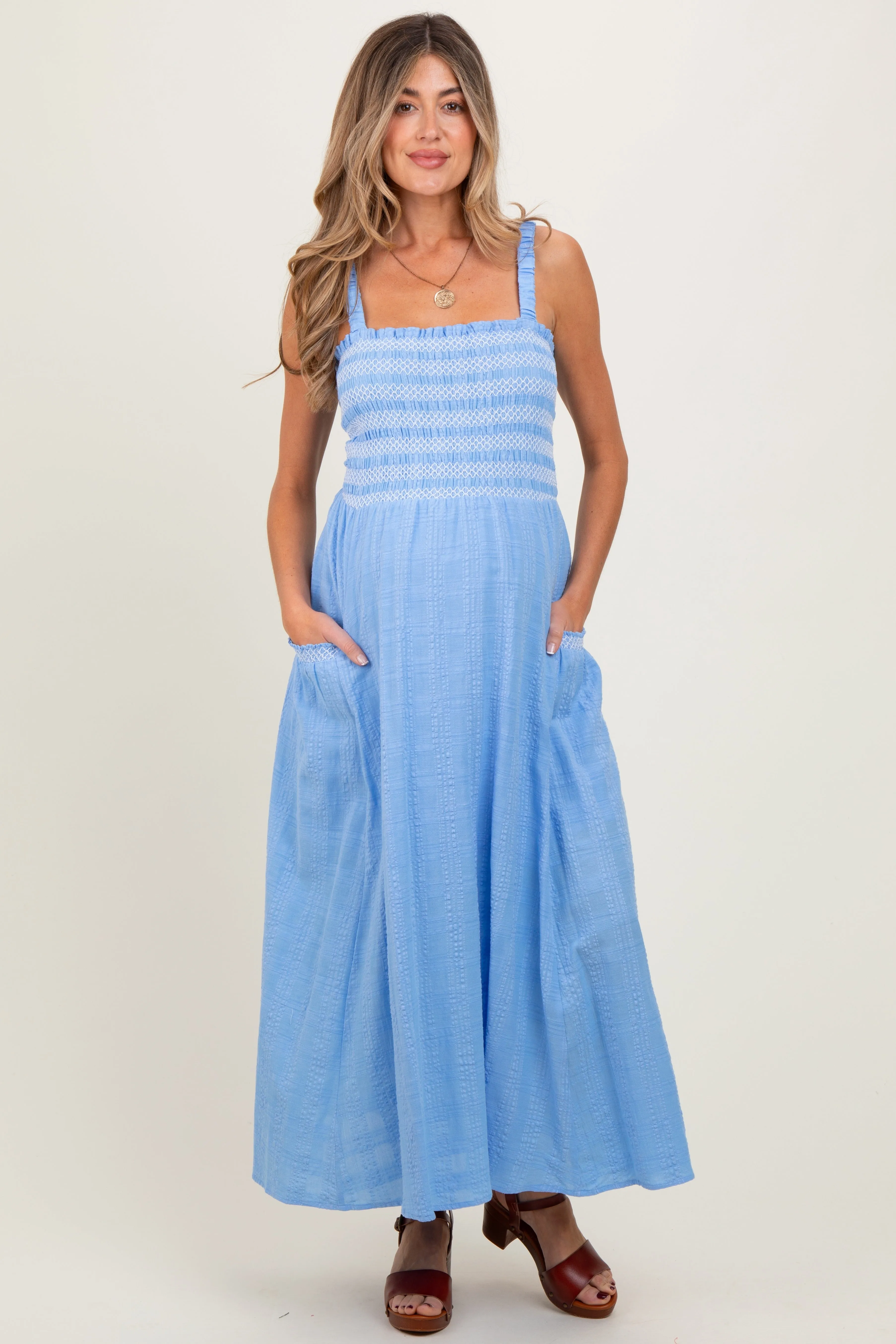 Blue Smocked Embroidered Bust Textured Maternity Midi Dress sold by Pinkblush