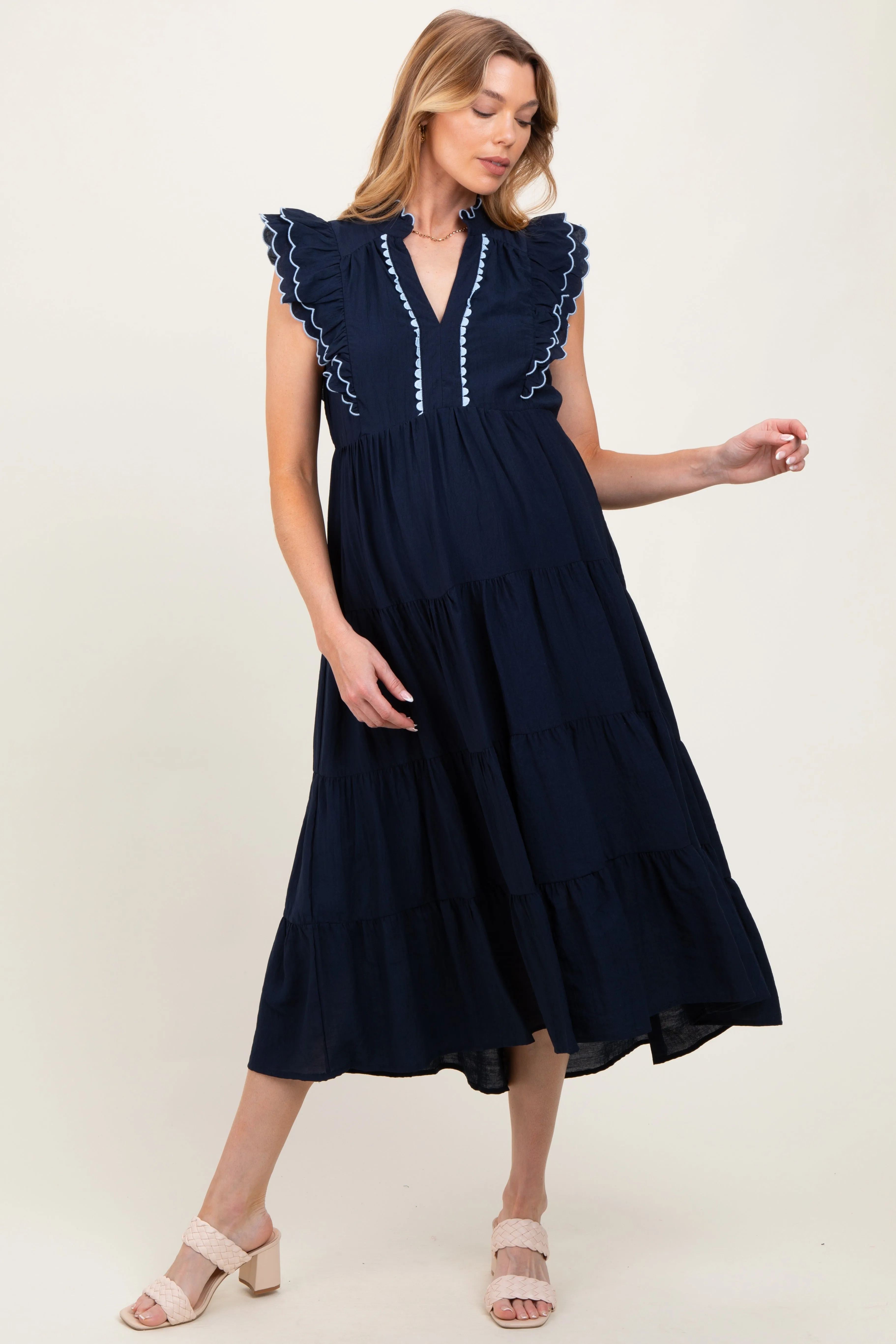 Navy Scallop Detail Tiered Maternity Midi Dress sold by Pinkblush