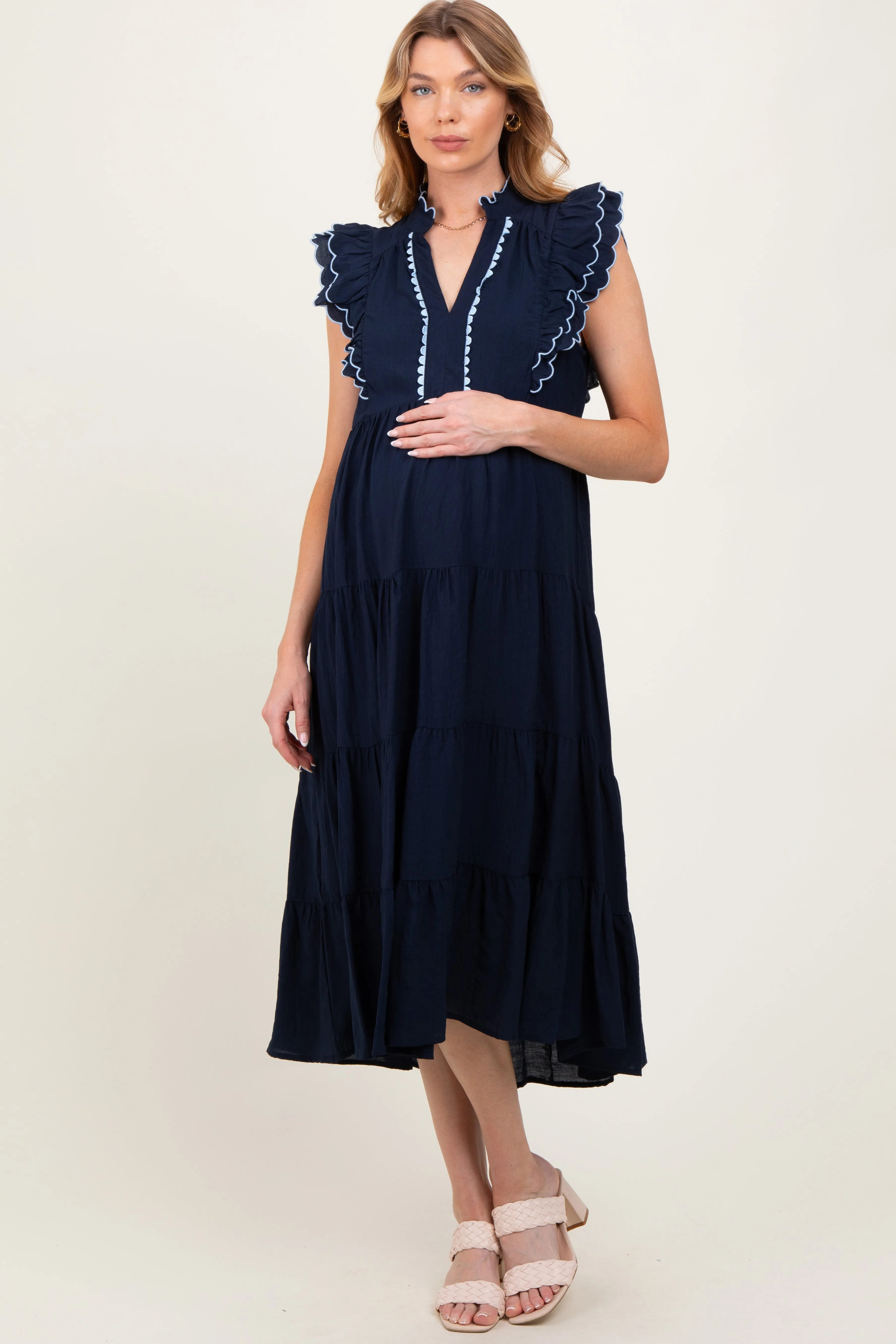 Navy Scallop Detail Tiered Maternity Midi Dress sold by Pinkblush product image thumbnail 2