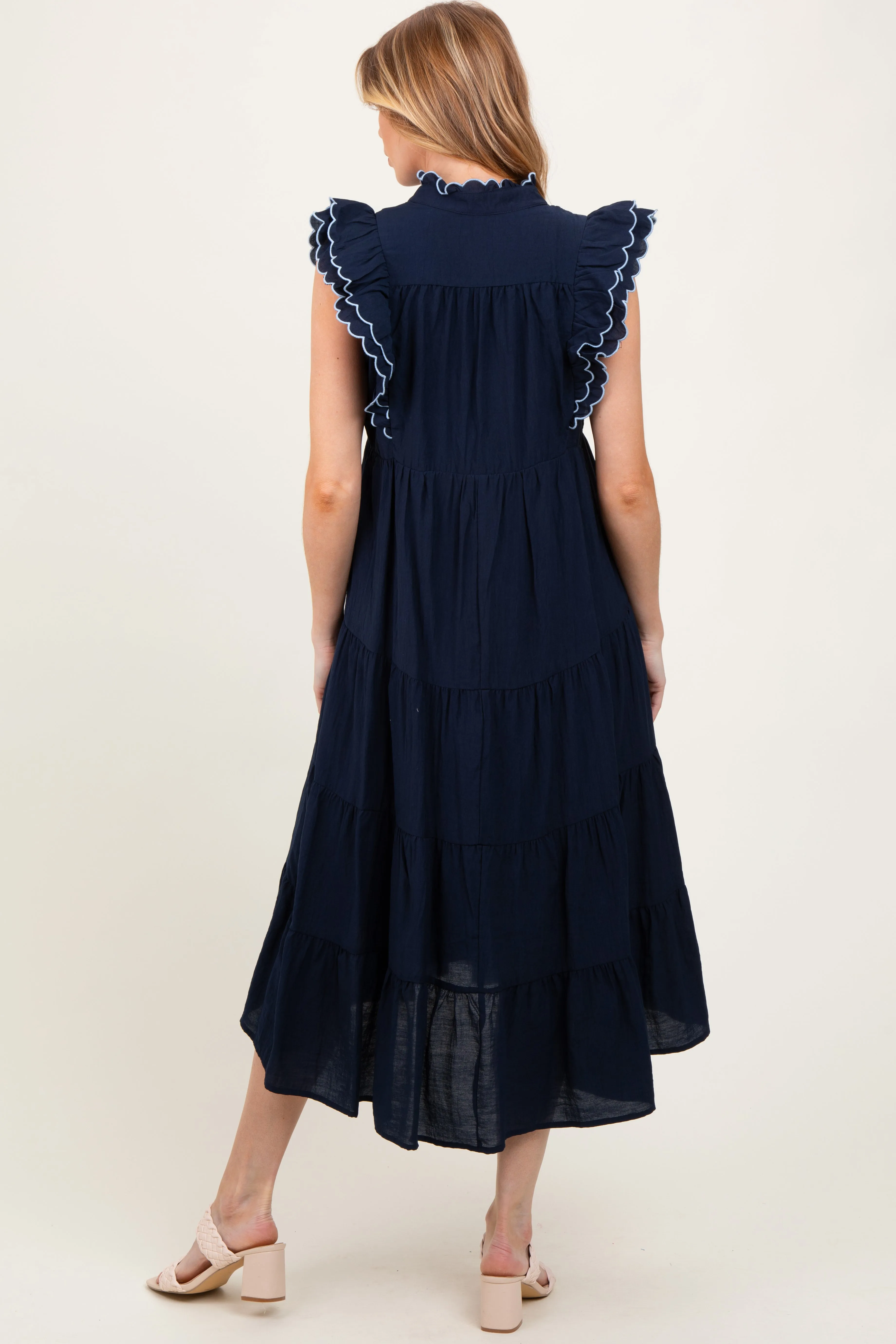 Navy Scallop Detail Tiered Maternity Midi Dress sold by Pinkblush product image thumbnail 3