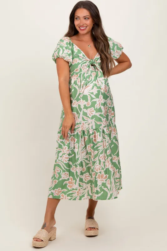 Green Floral Front Tie Maternity Midi Dress sold by Pinkblush