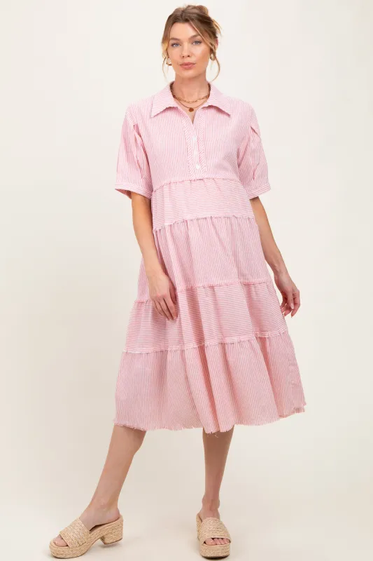 Pink Striped Tiered Raw Hem Maternity Midi Dress sold by Pinkblush