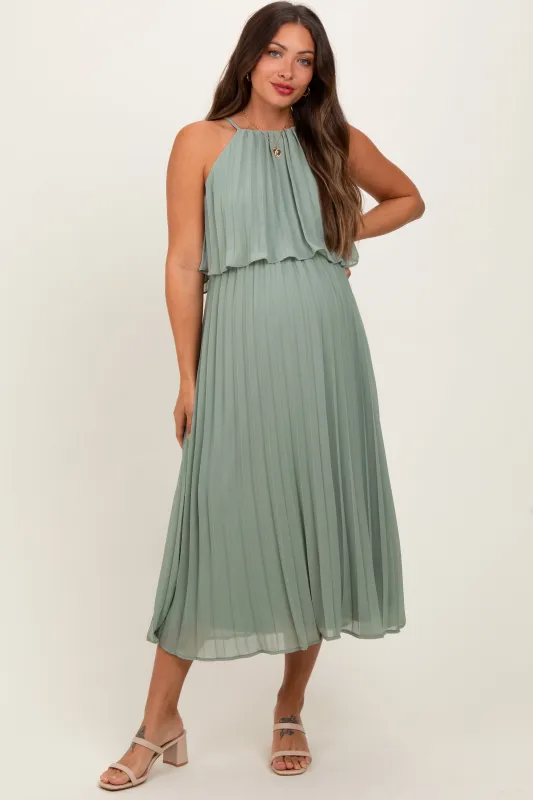 Light Olive Pleated Woven Maternity Midi Dress sold by Pinkblush
