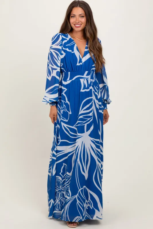Navy Floral Smocked Waist Long Sleeve Maternity Maxi Dress sold by Pinkblush