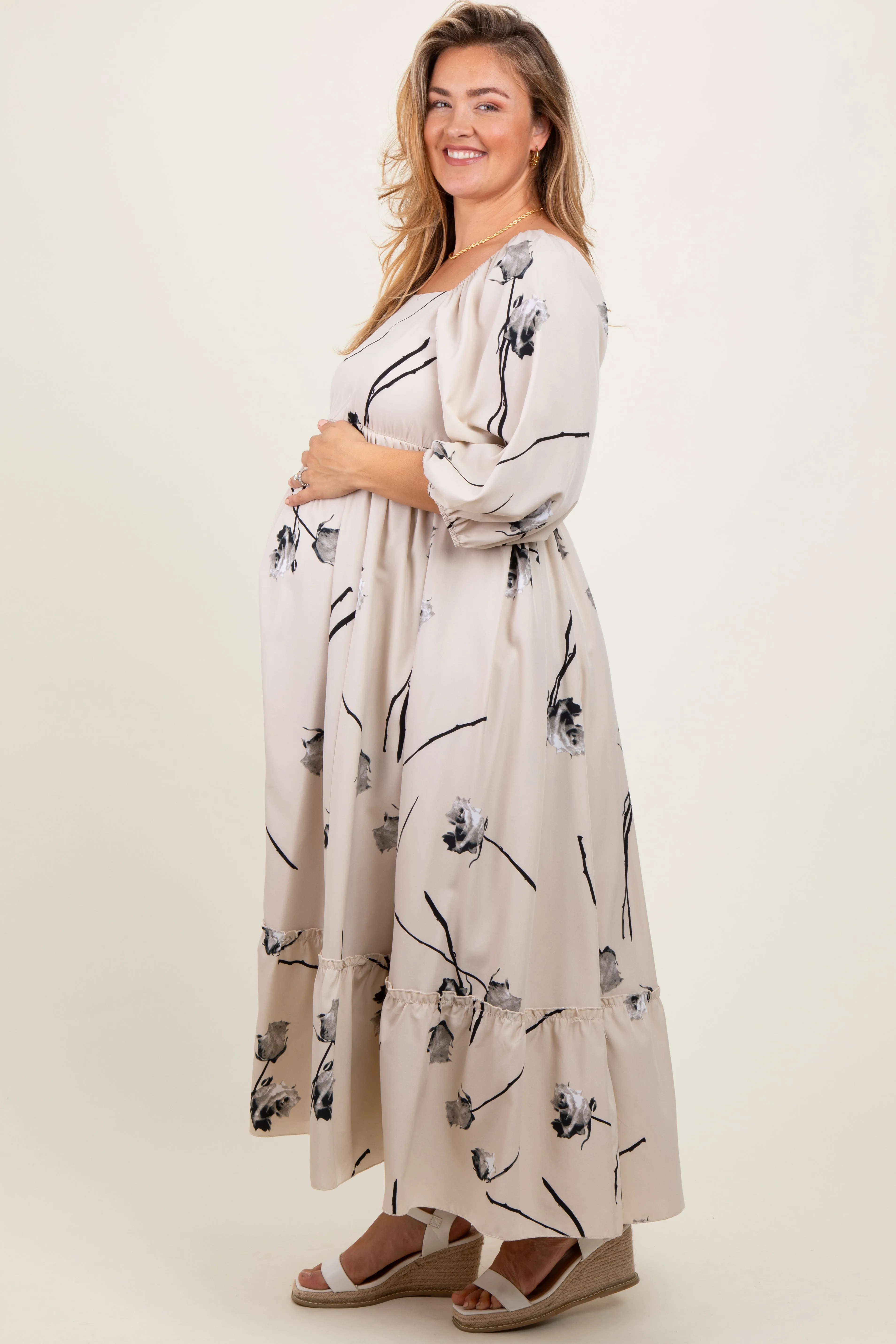 Cream Floral Square Neck Maternity Plus Midi Dress sold by Pinkblush product image thumbnail 3