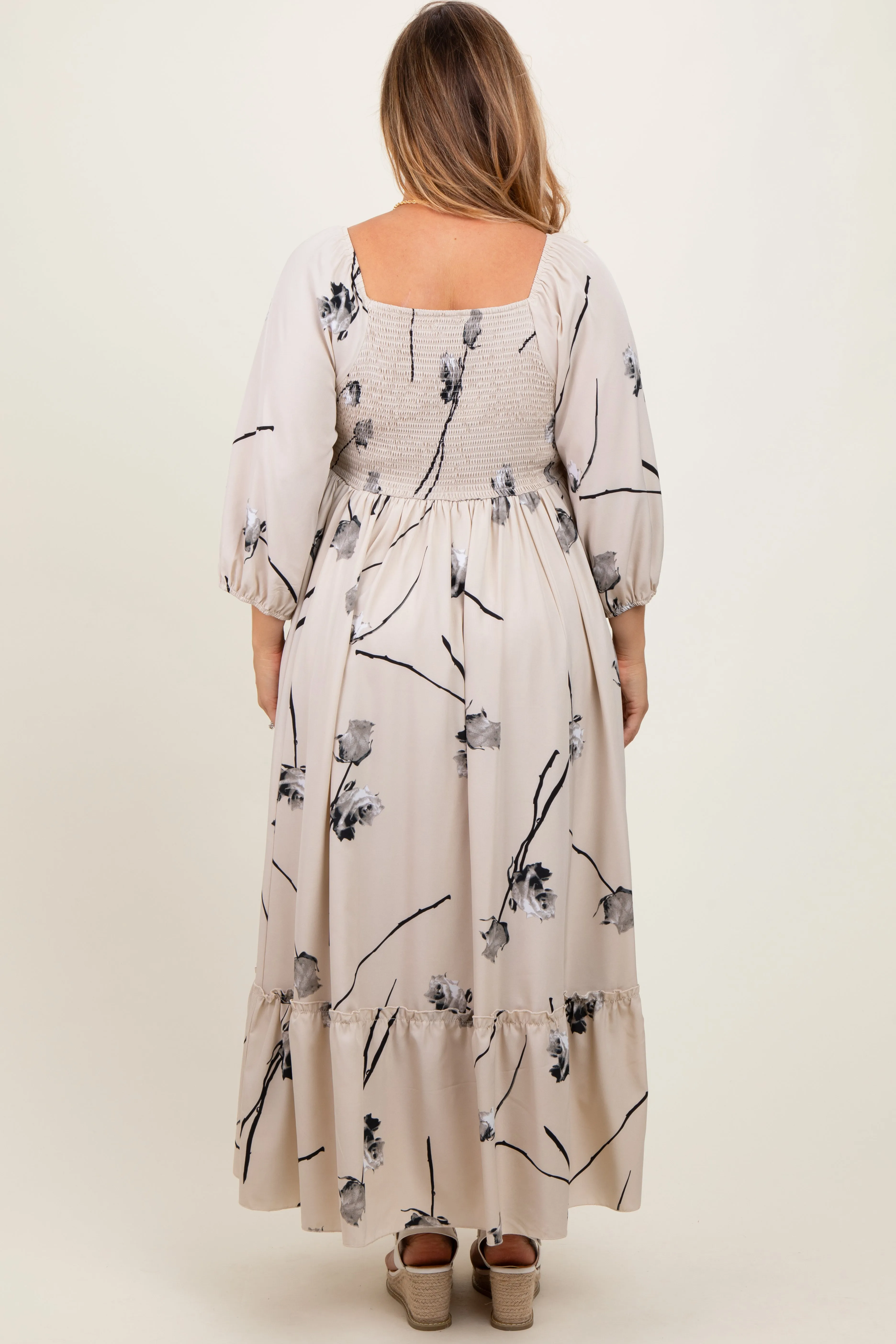 Cream Floral Square Neck Maternity Plus Midi Dress sold by Pinkblush product image thumbnail 4