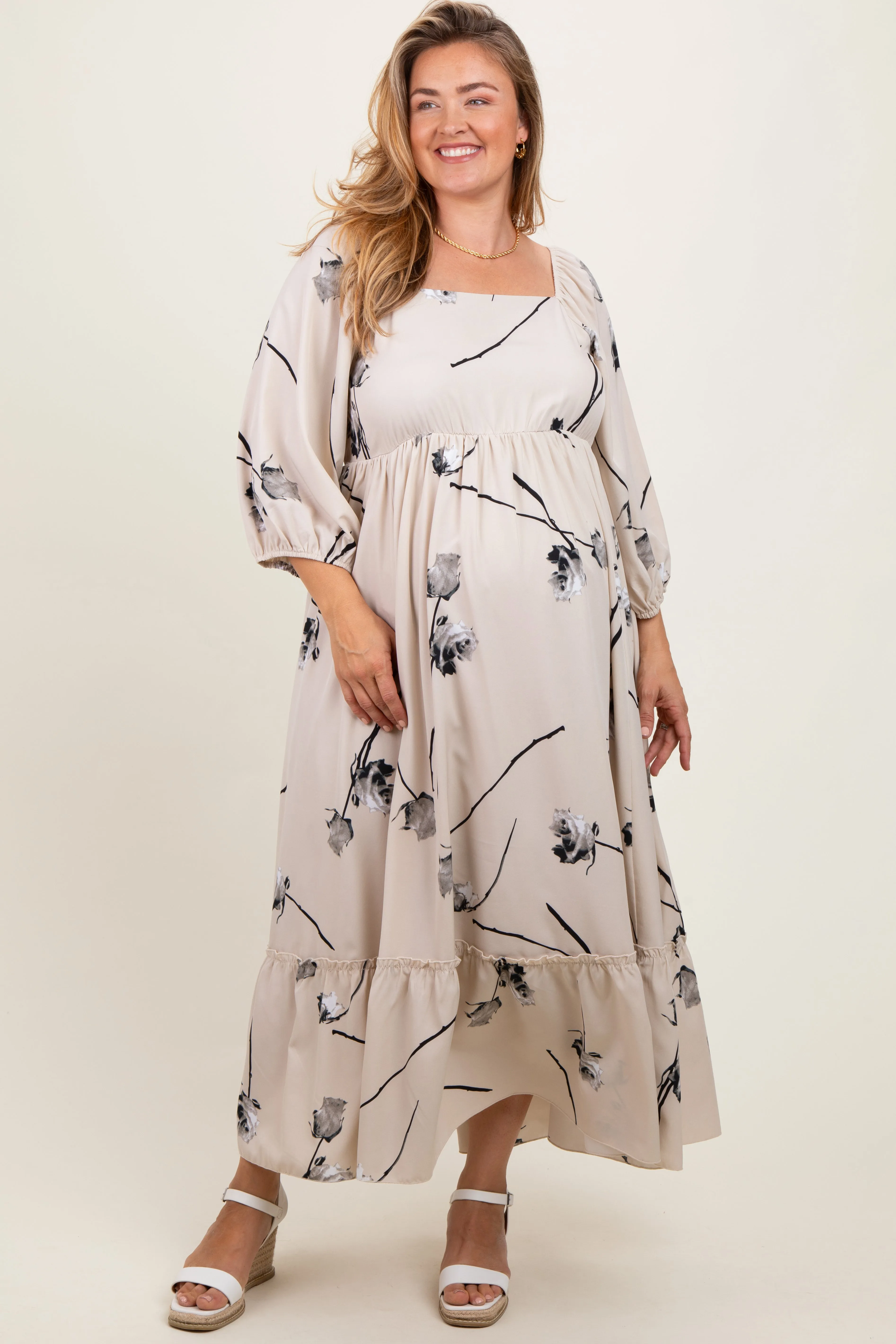 Cream Floral Square Neck Maternity Plus Midi Dress sold by Pinkblush
