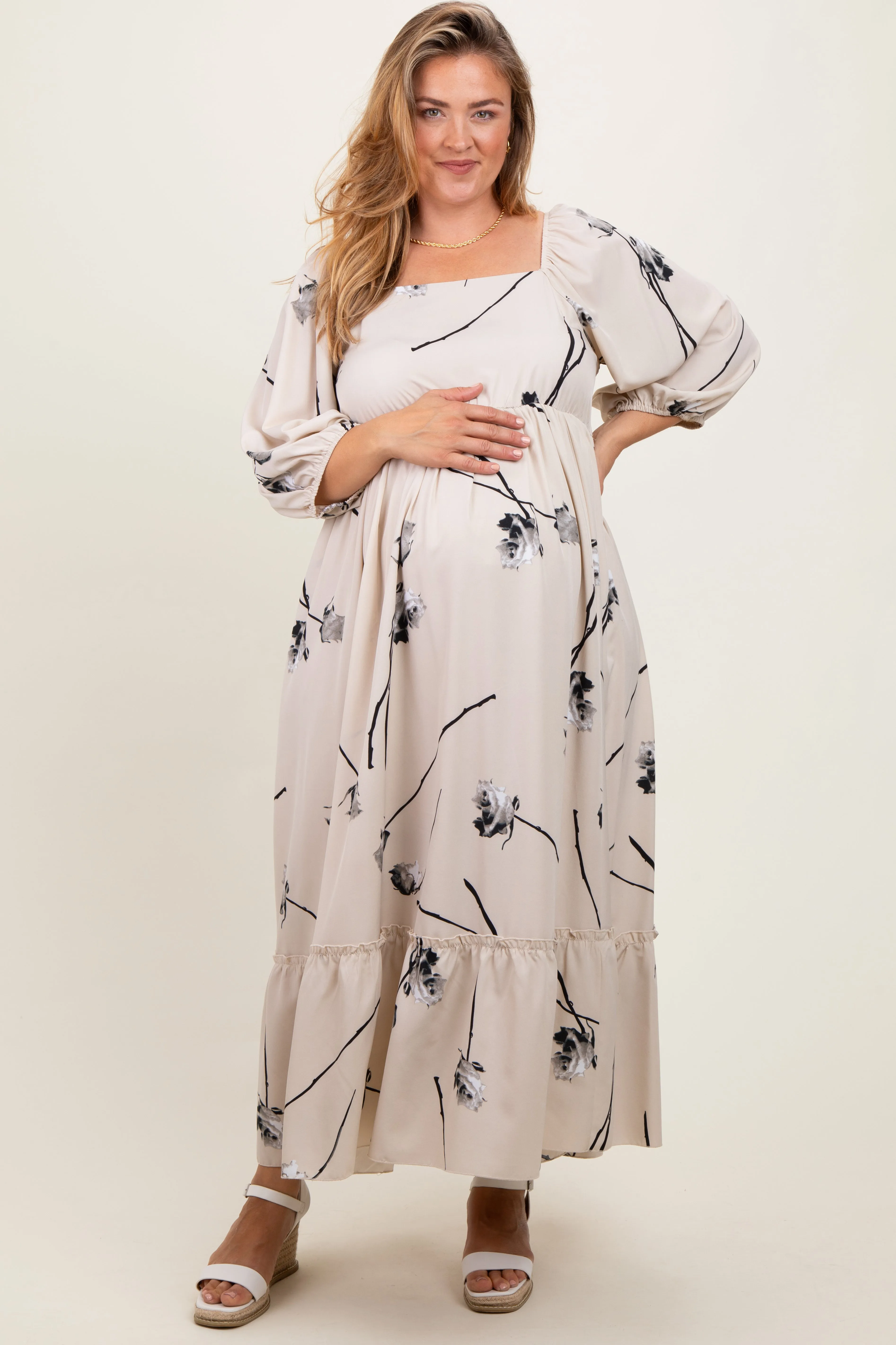 Cream Floral Square Neck Maternity Plus Midi Dress sold by Pinkblush product image thumbnail 2