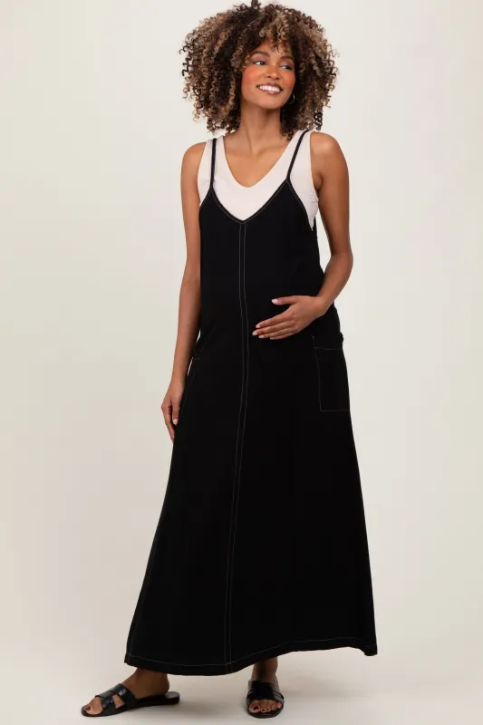 Black Linen Mixed Overall Maternity Midi Dress sold by Pinkblush