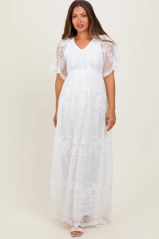 White Smocked Top Lace Maternity Maxi Dress sold by Pinkblush