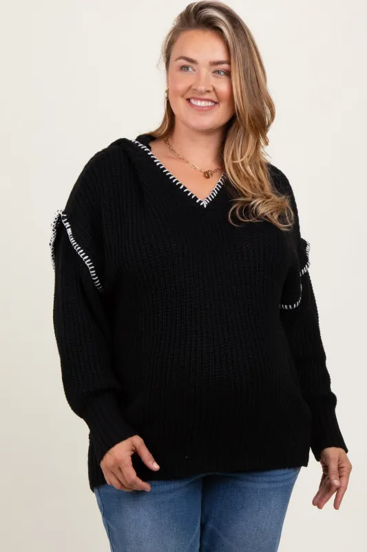 Black Contrast Stitch Hooded Maternity Plus Sweater sold by Pinkblush