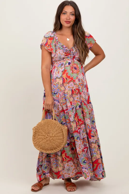 Red Floral Paisley Smocked Tiered Maternity Maxi Dress sold by Pinkblush