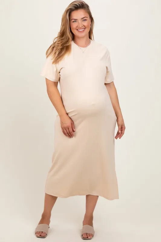 Cream Short Sleeve Side Slit Maternity Plus T-Shirt Midi Dress sold by Pinkblush