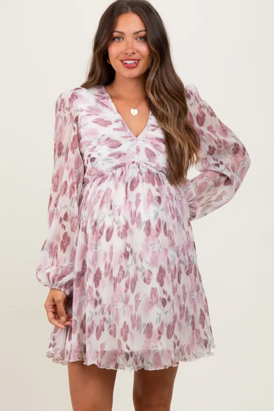Cream Floral Chiffon Plisse Maternity Mini Dress sold by Pinkblush