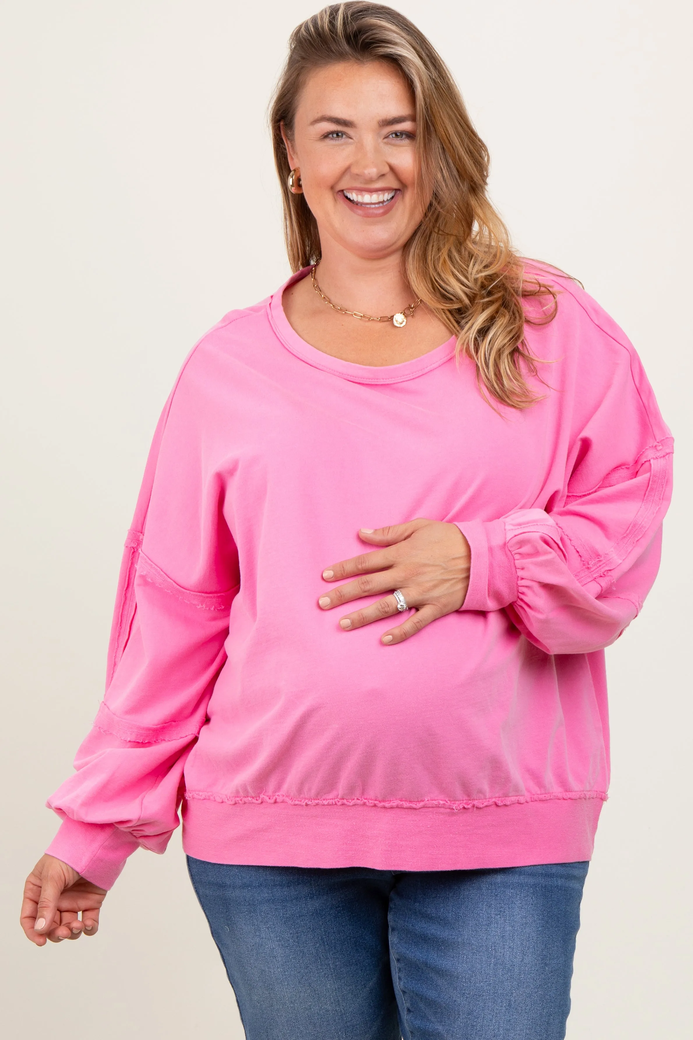 Pink Raw Hem Detail Maternity Plus Pullover Top sold by Pinkblush
