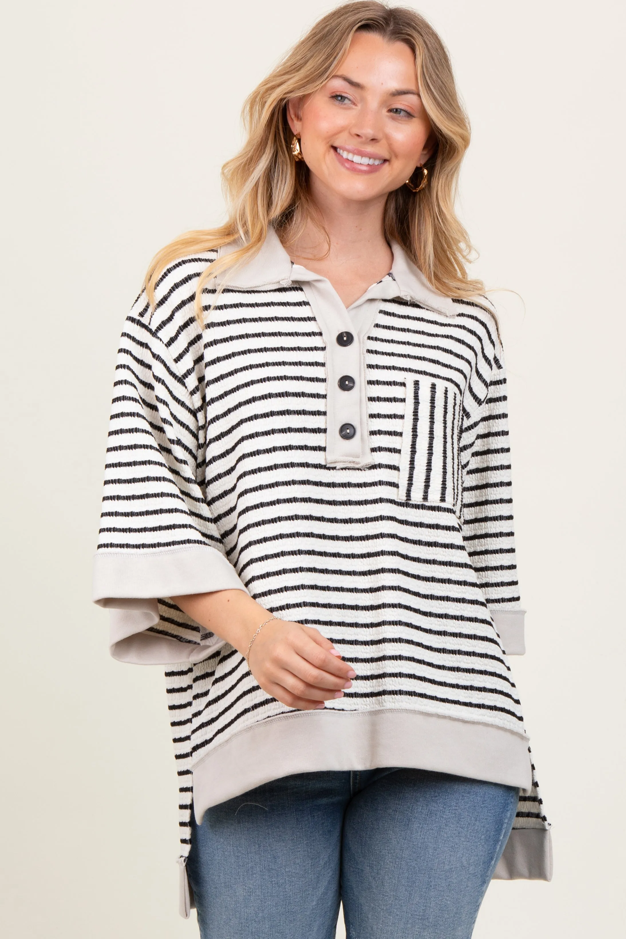 Cream/Black Stripe Button Down Tunic Top sold by Pinkblush