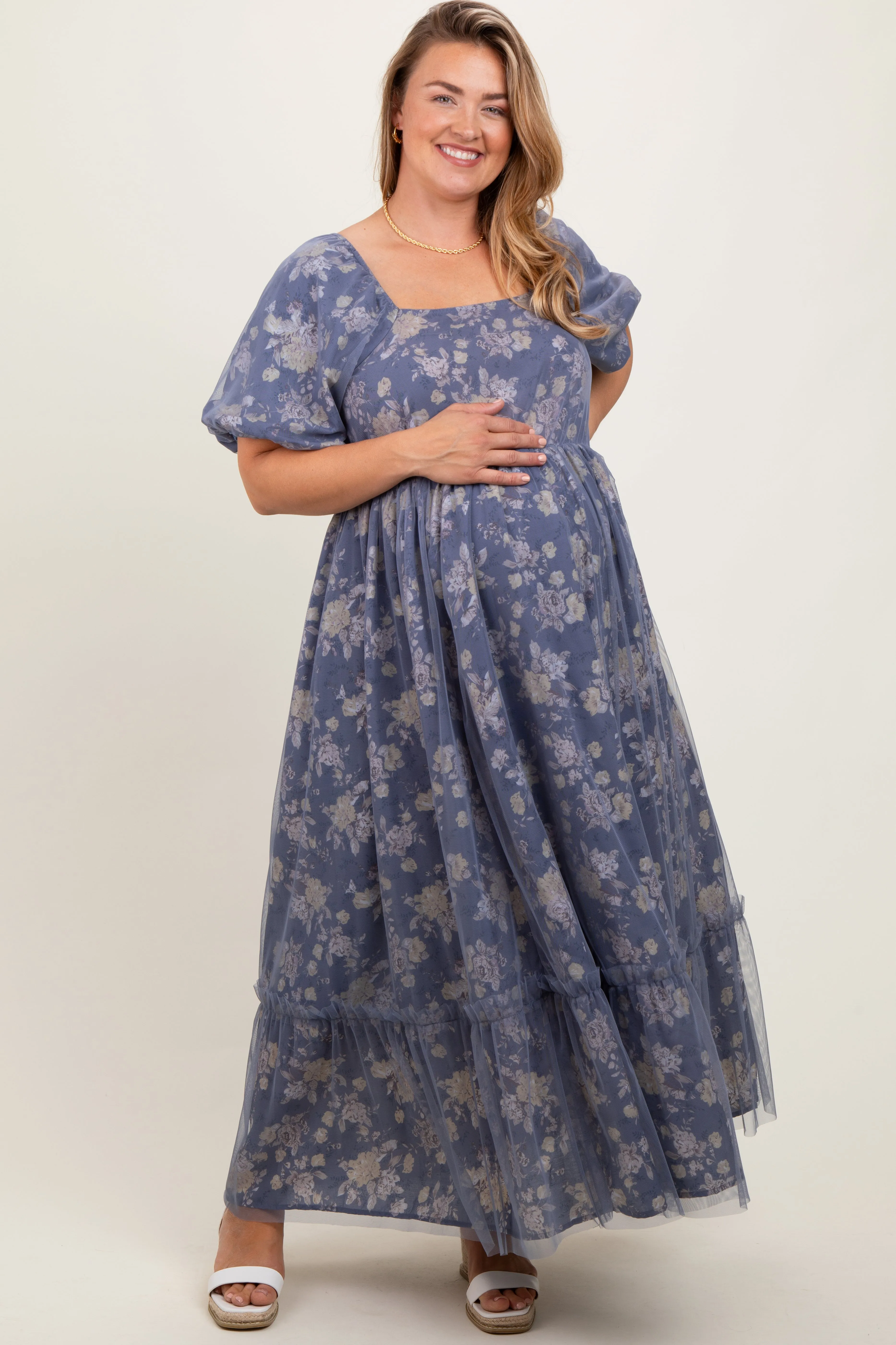 Navy Floral Mesh Square Neck Short Puff Sleeve Maternity Plus Midi Dress sold by Pinkblush product image thumbnail 2