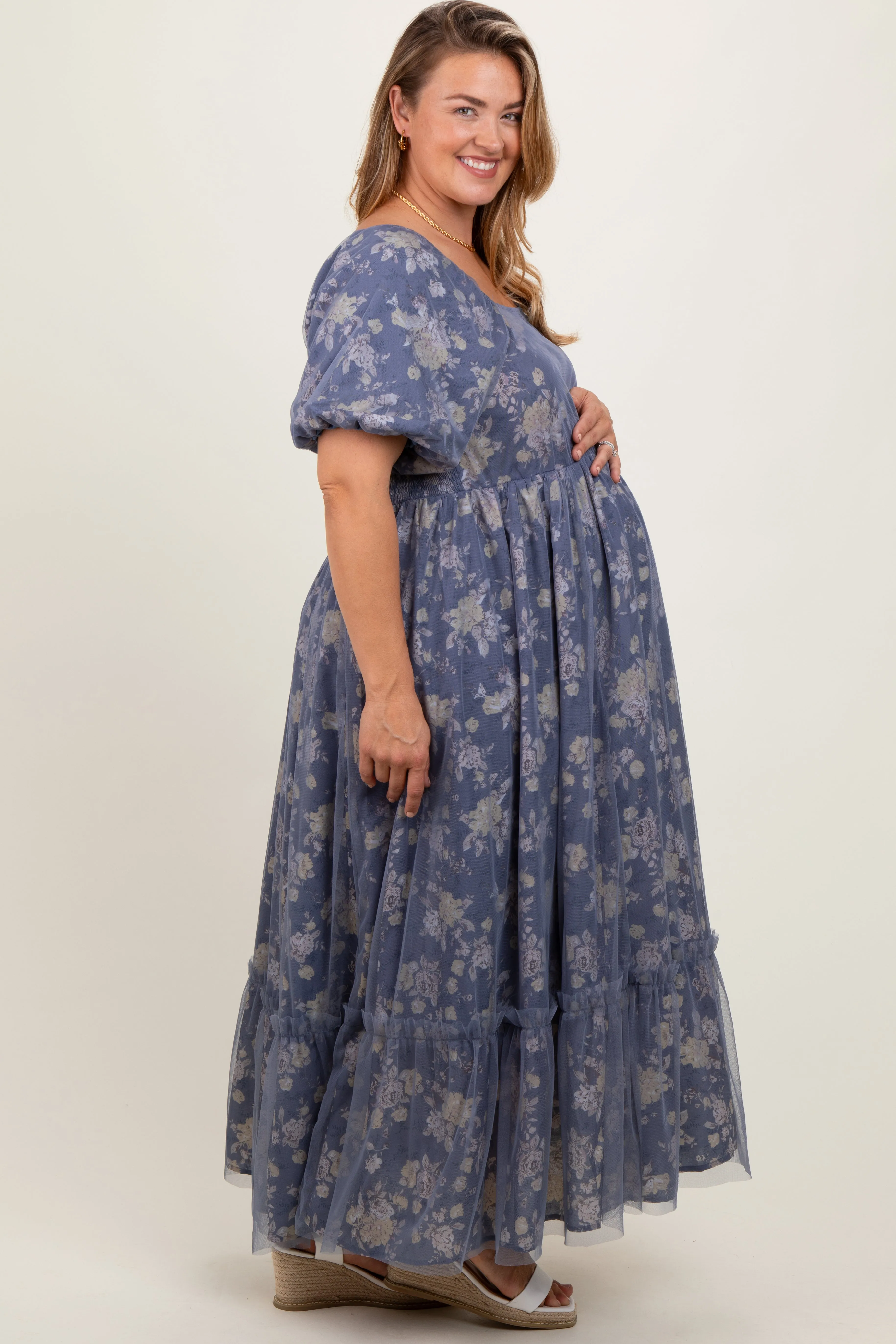 Navy Floral Mesh Square Neck Short Puff Sleeve Maternity Plus Midi Dress sold by Pinkblush product image thumbnail 3