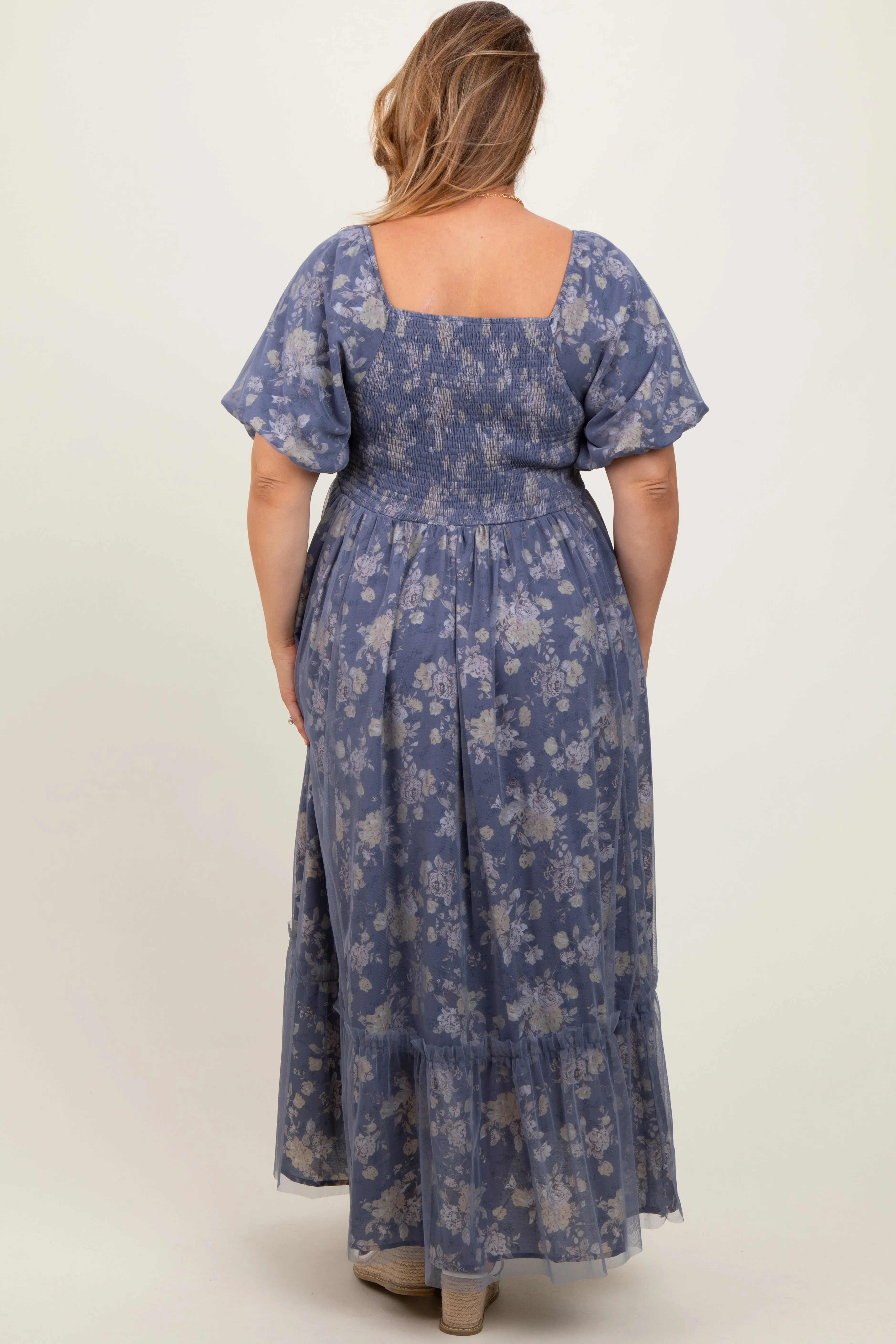 Navy Floral Mesh Square Neck Short Puff Sleeve Maternity Plus Midi Dress sold by Pinkblush product image thumbnail 4