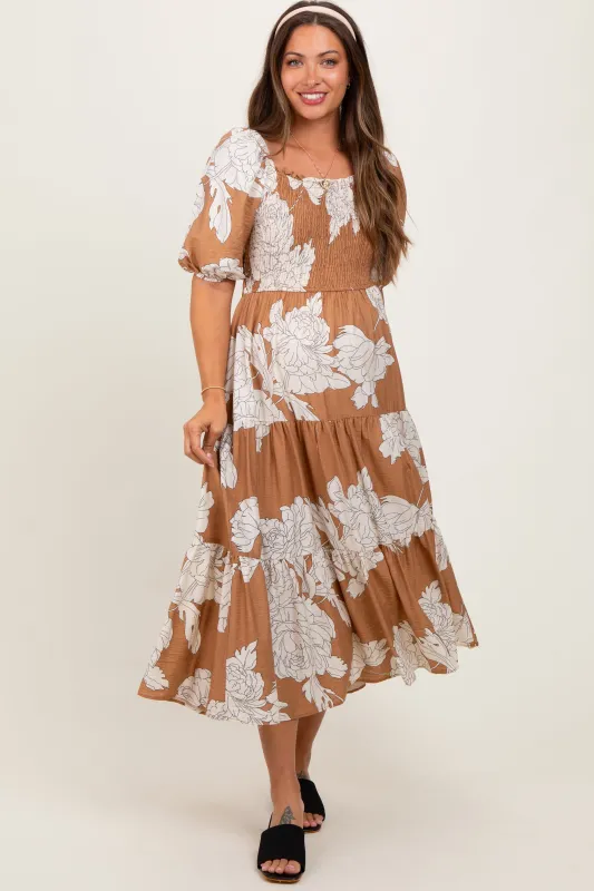 Mocha Floral Smocked Front Tie Cutout Maternity Maxi Dress sold by Pinkblush