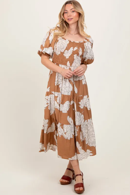 Mocha Floral Smocked Front Tie Cutout Maxi Dress sold by Pinkblush