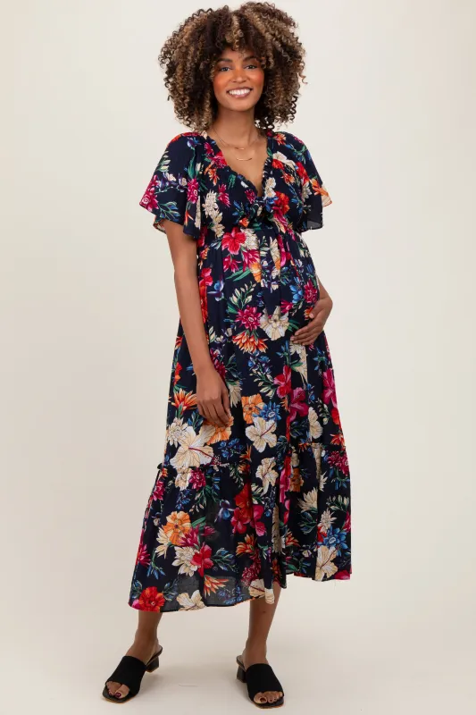 Navy Floral Print Woven Maternity Midi Dress sold by Pinkblush