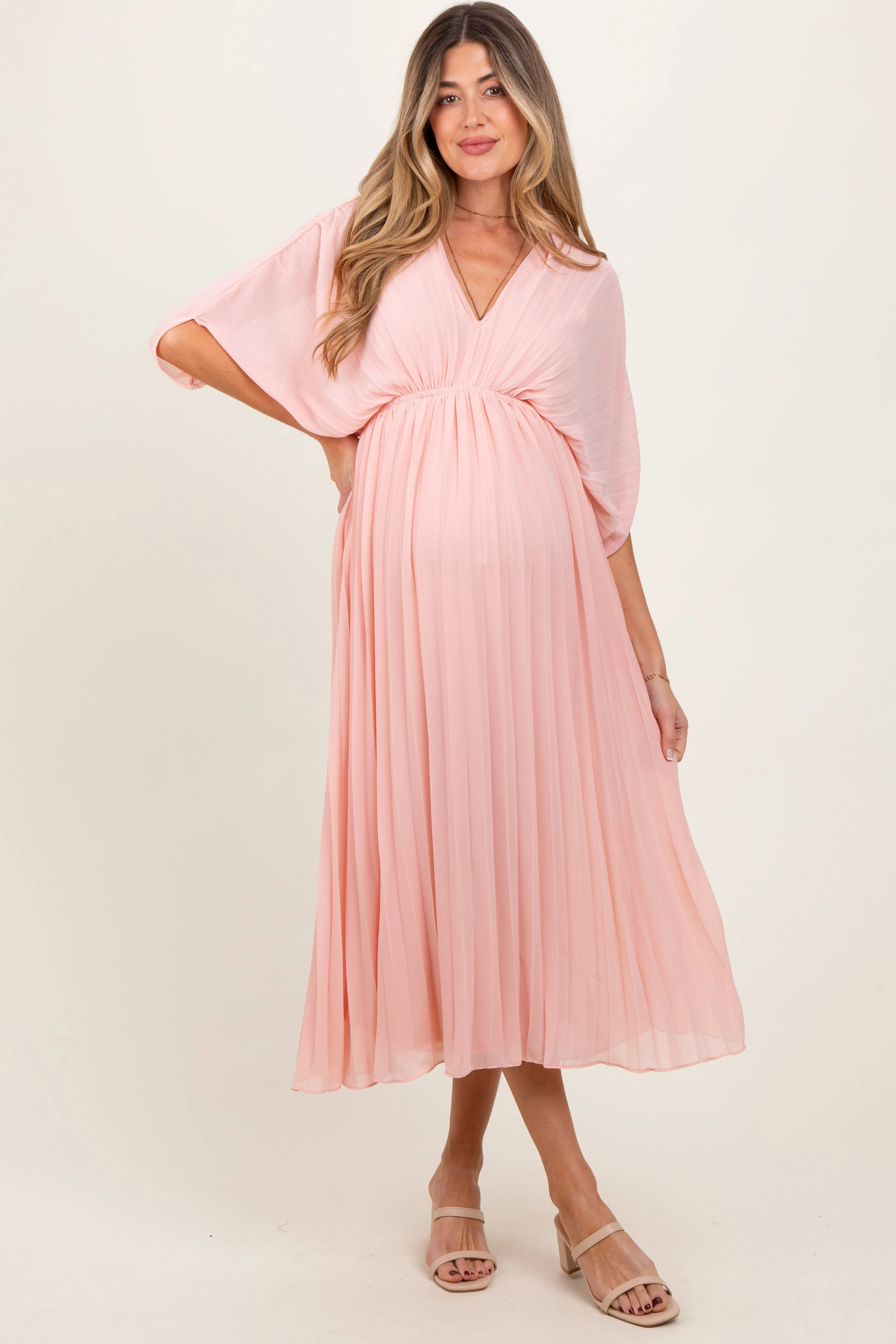 Light Pink Pleated V Neck Maternity Maxi Dress sold by Pinkblush