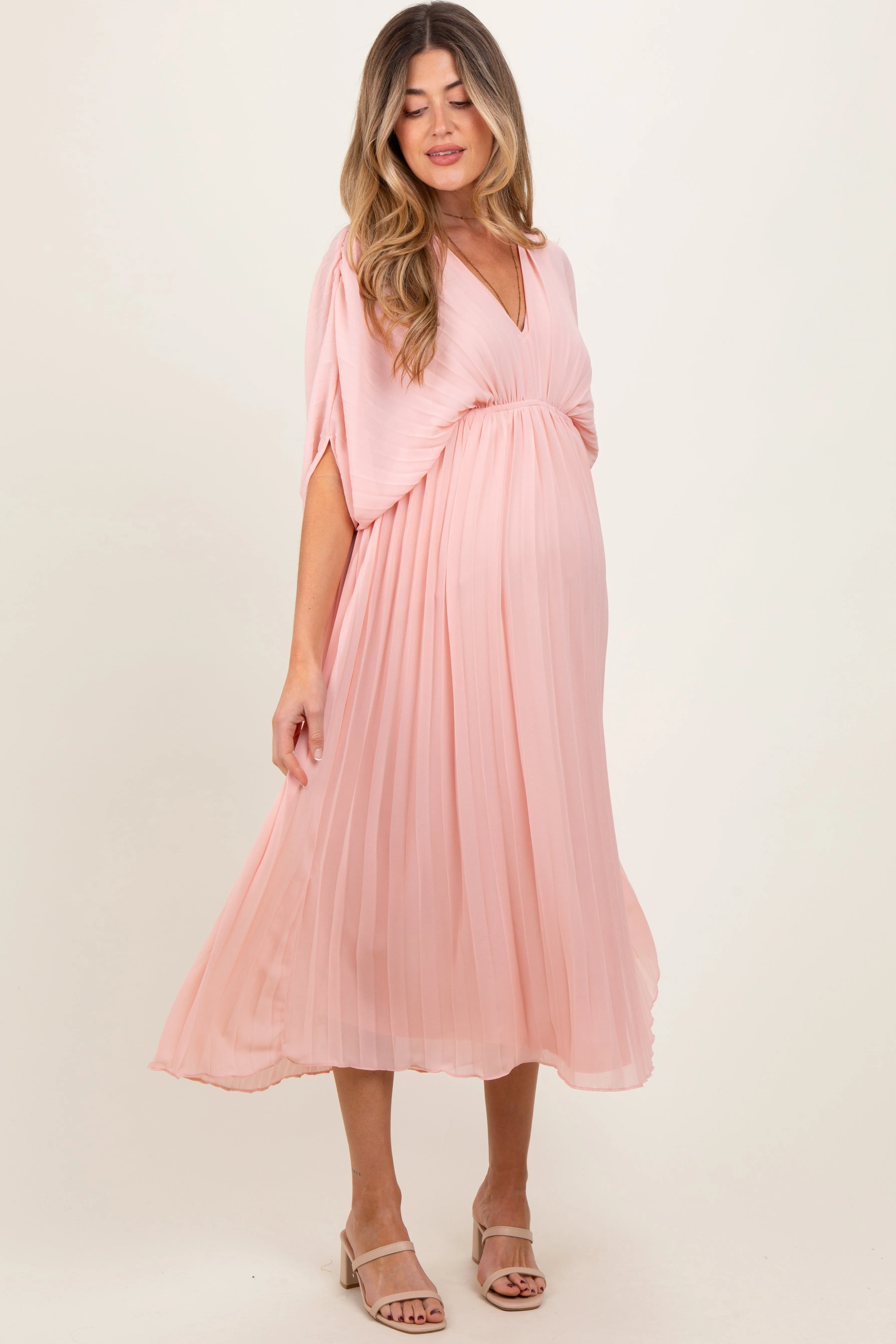 Light Pink Pleated V Neck Maternity Maxi Dress sold by Pinkblush product image thumbnail 2