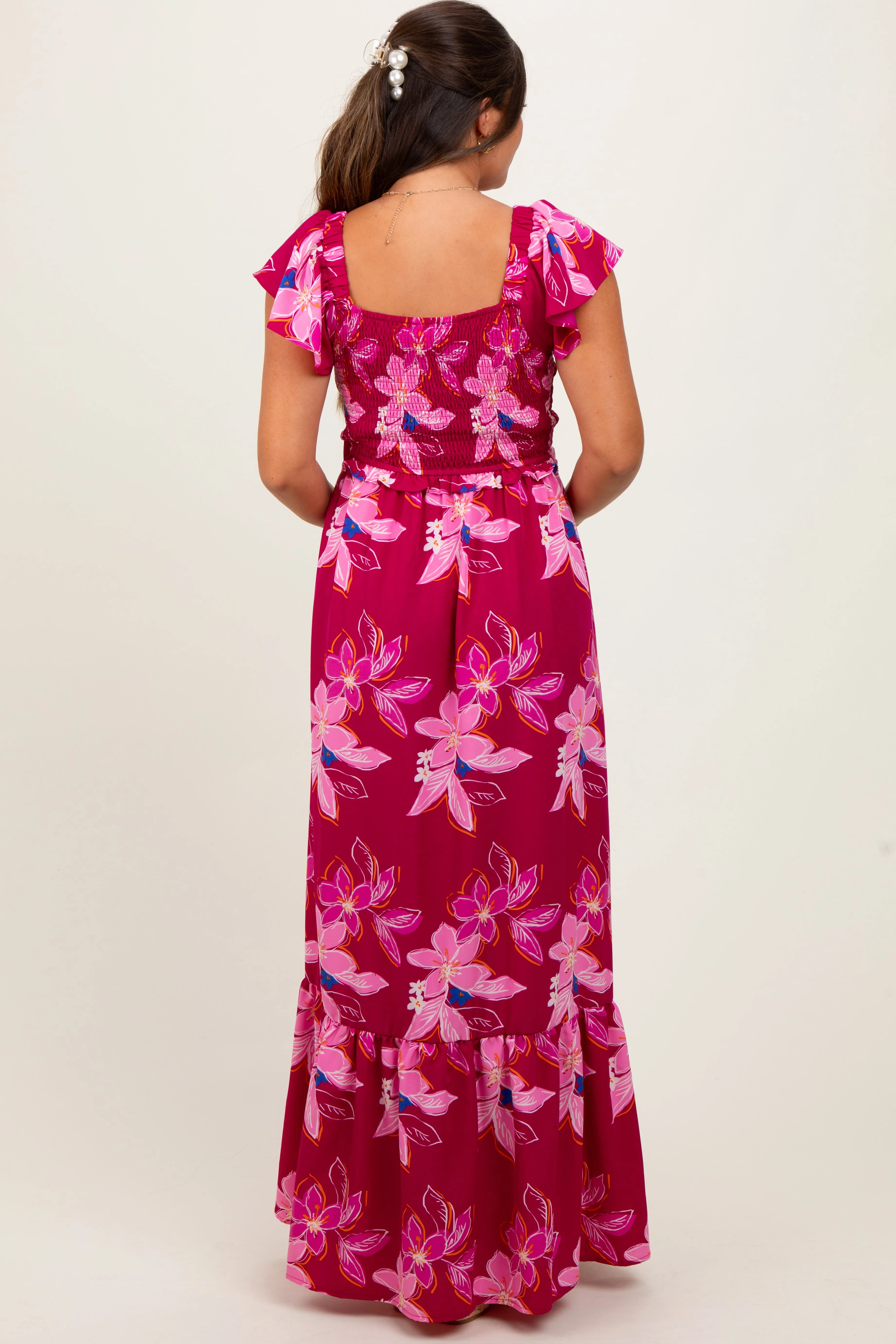 Magenta Floral Smocked Cinched Top Maternity Maxi Dress sold by Pinkblush product image thumbnail 4
