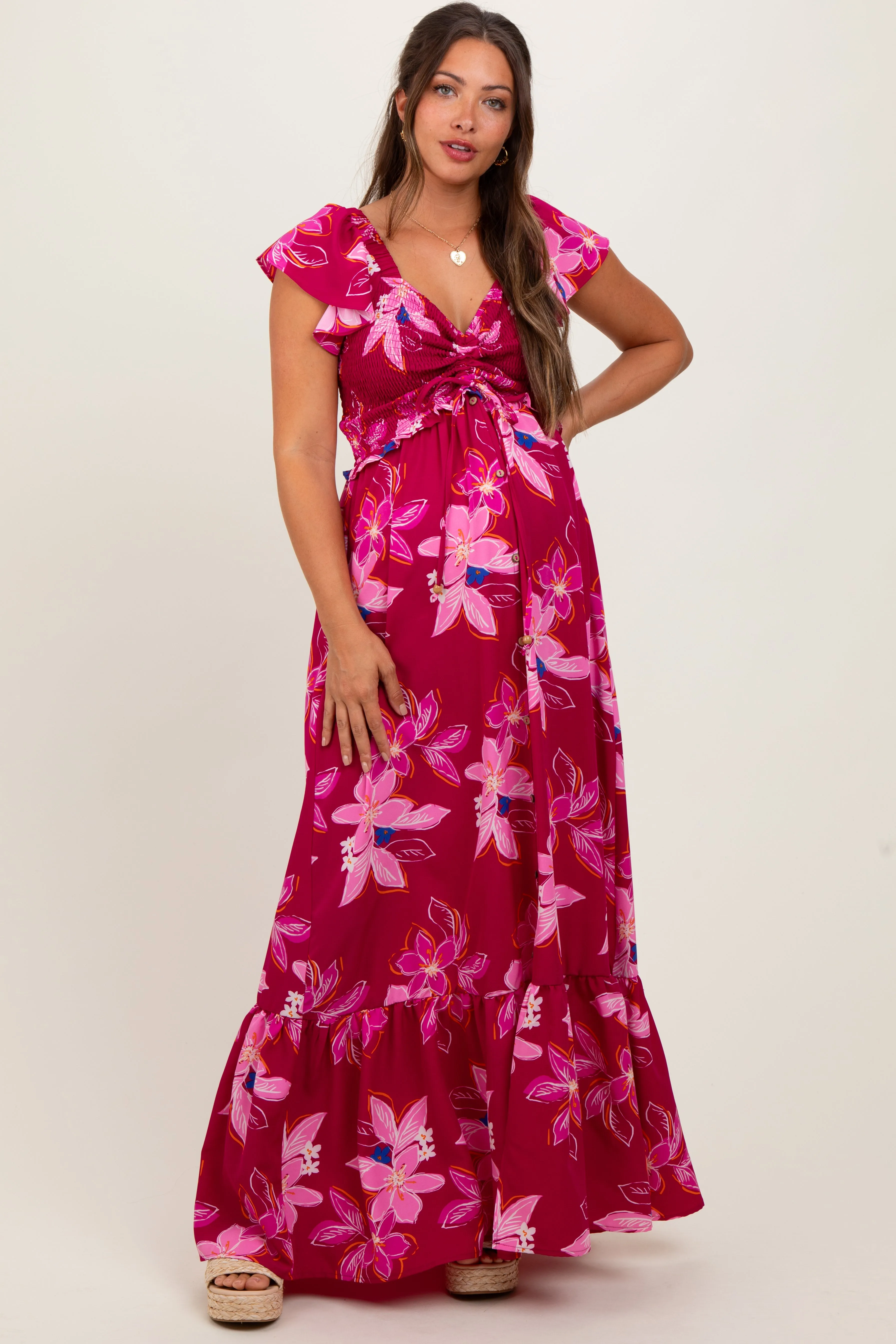 Magenta Floral Smocked Cinched Top Maternity Maxi Dress sold by Pinkblush